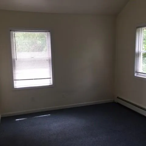 Carpeted empty room featuring lofted ceiling Carpeted empty room featuring lofted ceiling