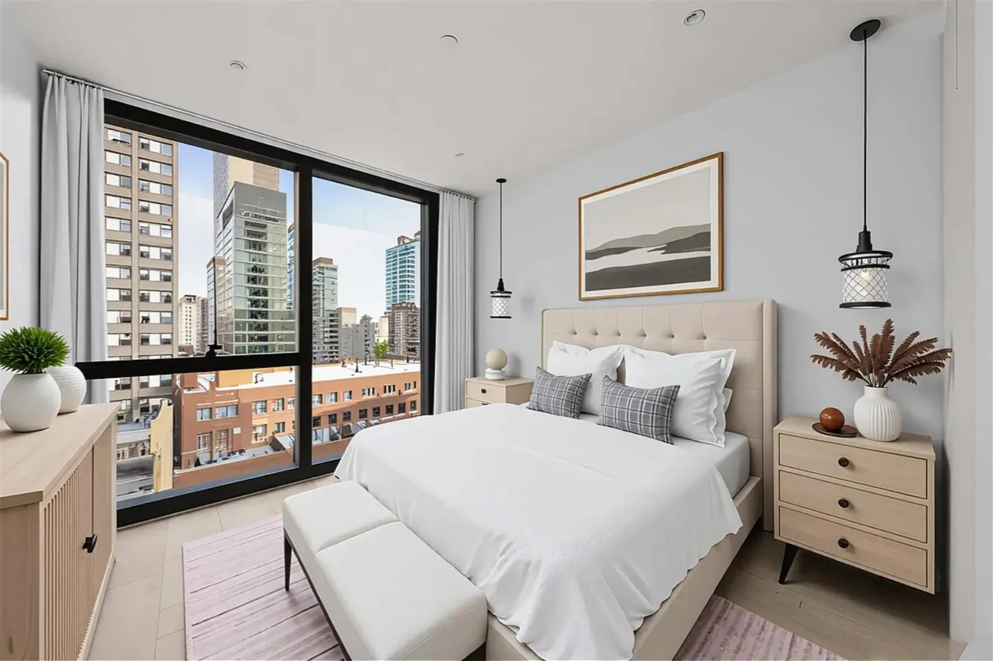 Bedroom featuring a view of skyline and a wall of windows Bedroom featuring a view of skyline and a wall of windows