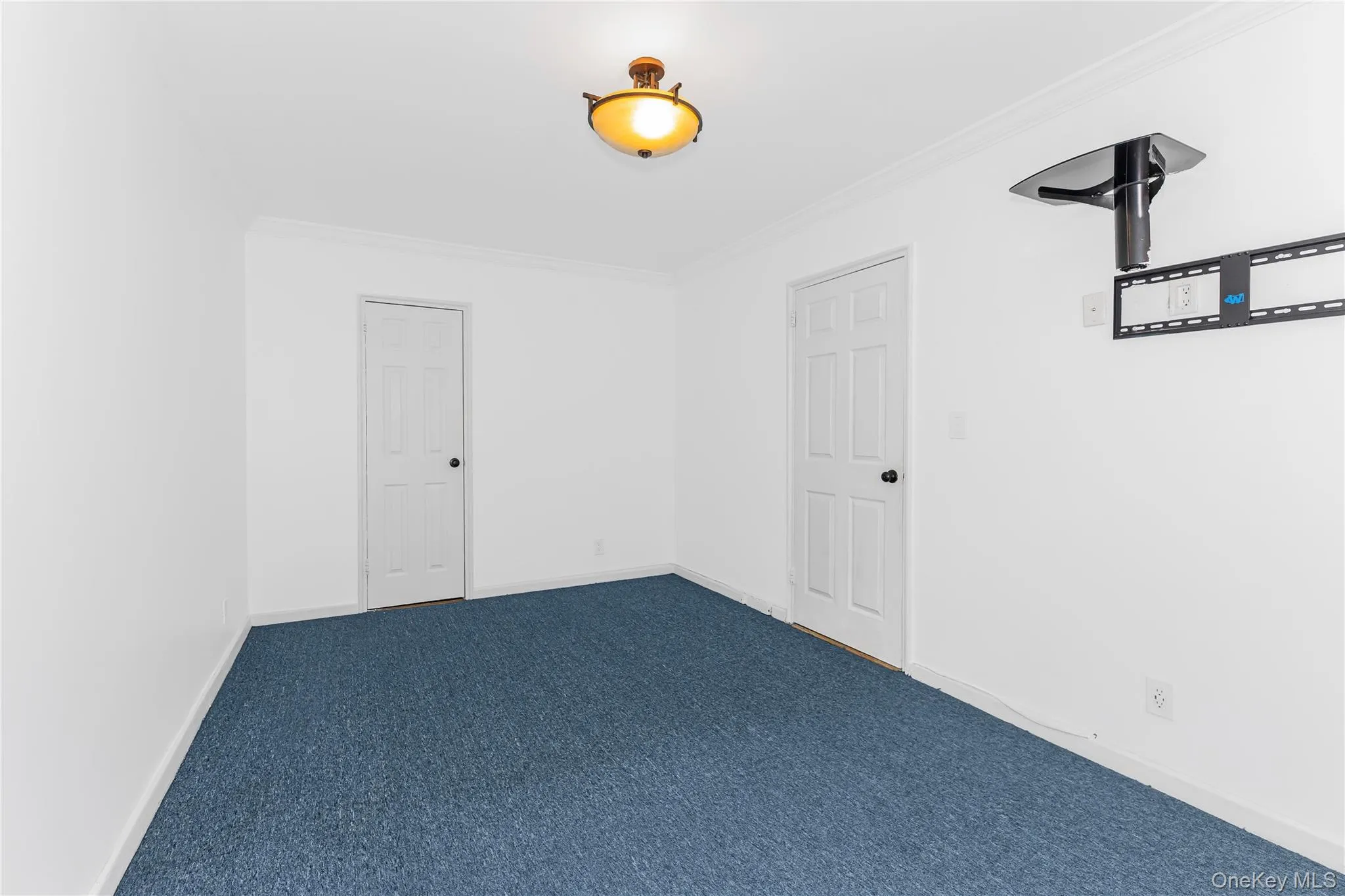Bedroom featuring ornamental molding and carpet Bedroom featuring ornamental molding and carpet