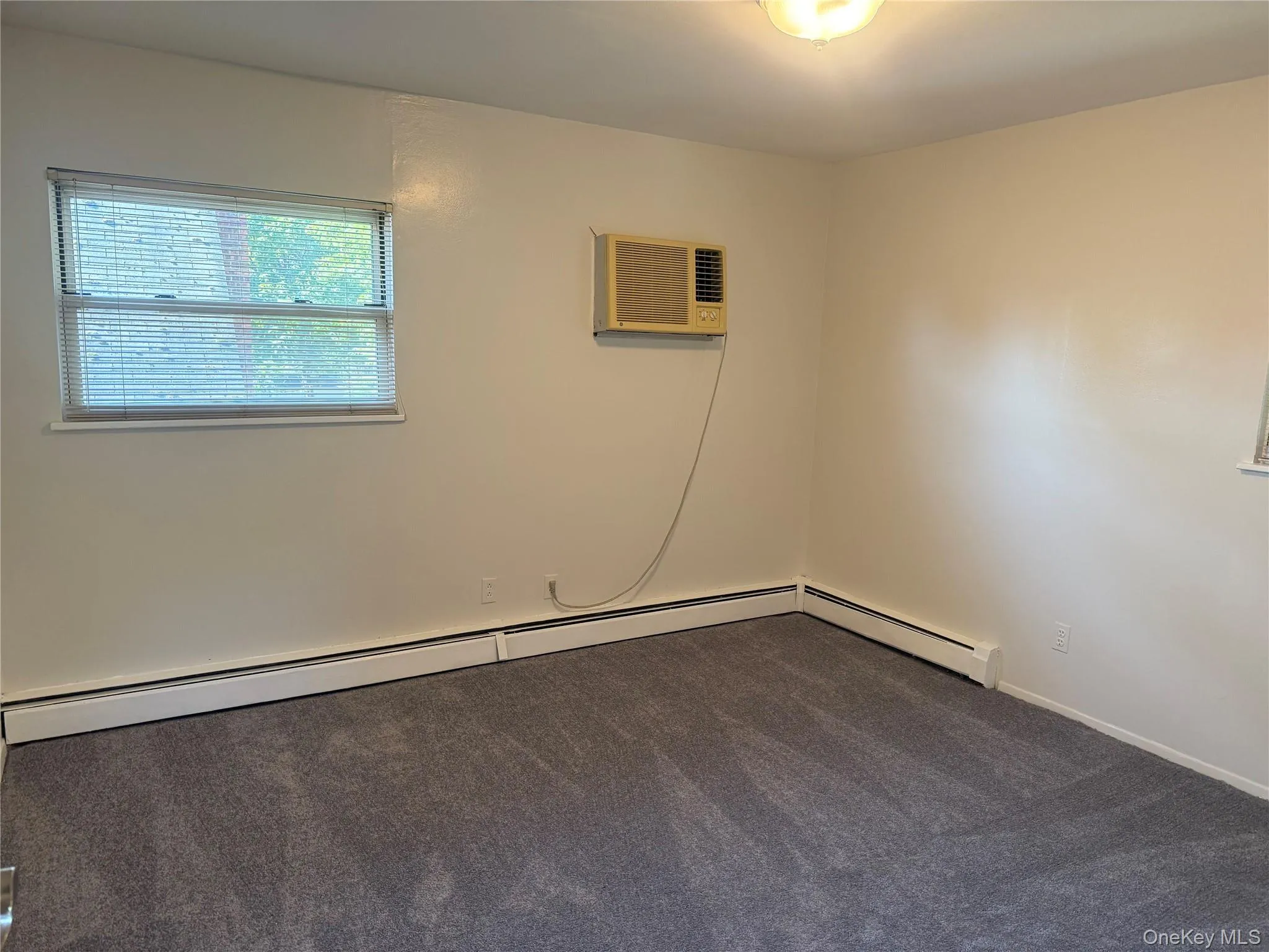 Master bedroom featuring a baseboard radiator, new carpet, large closet, wall unit AC, and master bath. Master bedroom featuring a baseboard radiator, new carpet, large closet, wall unit AC, and master bath.