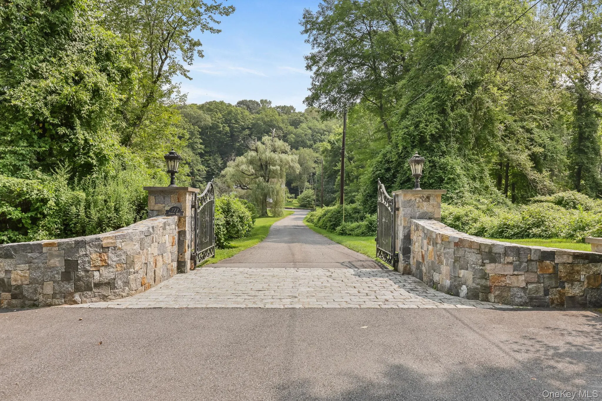 View of asphalt driveway with a gate, street lights, and a wooded view View of asphalt driveway with a gate, street lights, and a wooded view