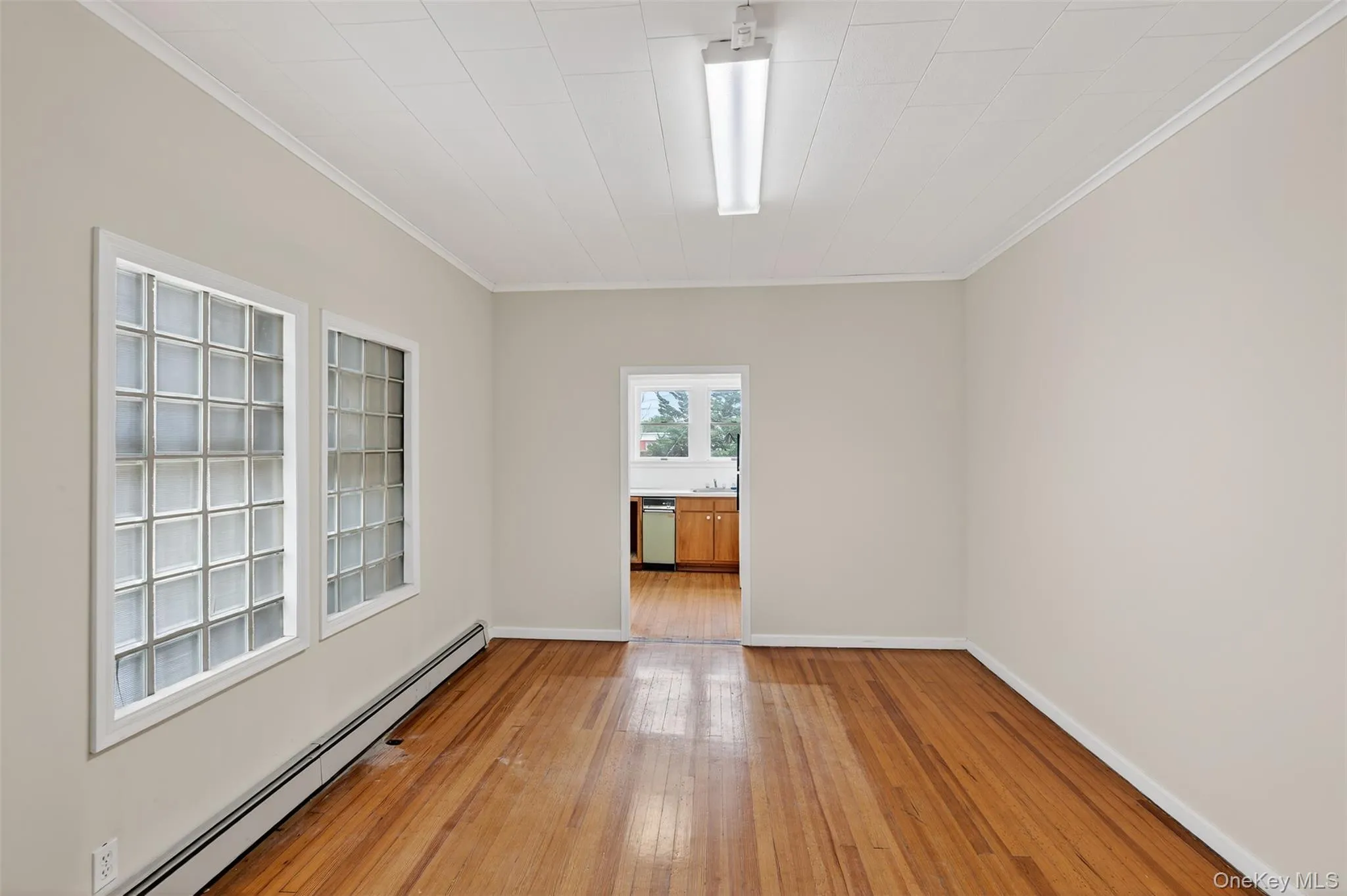Spare room featuring baseboard heating, light wood finished floors, and ornamental molding Spare room featuring baseboard heating, light wood finished floors, and ornamental molding