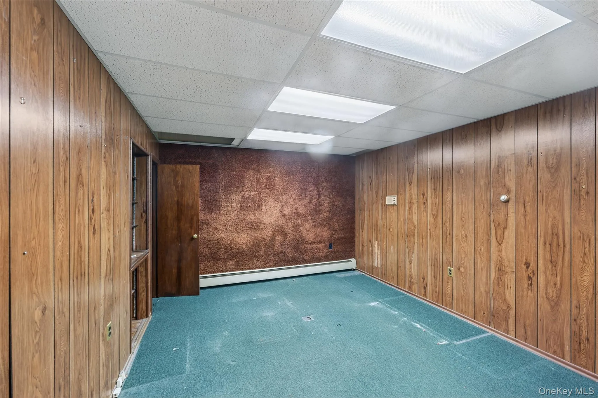 Carpeted spare room with a drop ceiling, wood walls, and a baseboard radiator Carpeted spare room with a drop ceiling, wood walls, and a baseboard radiator