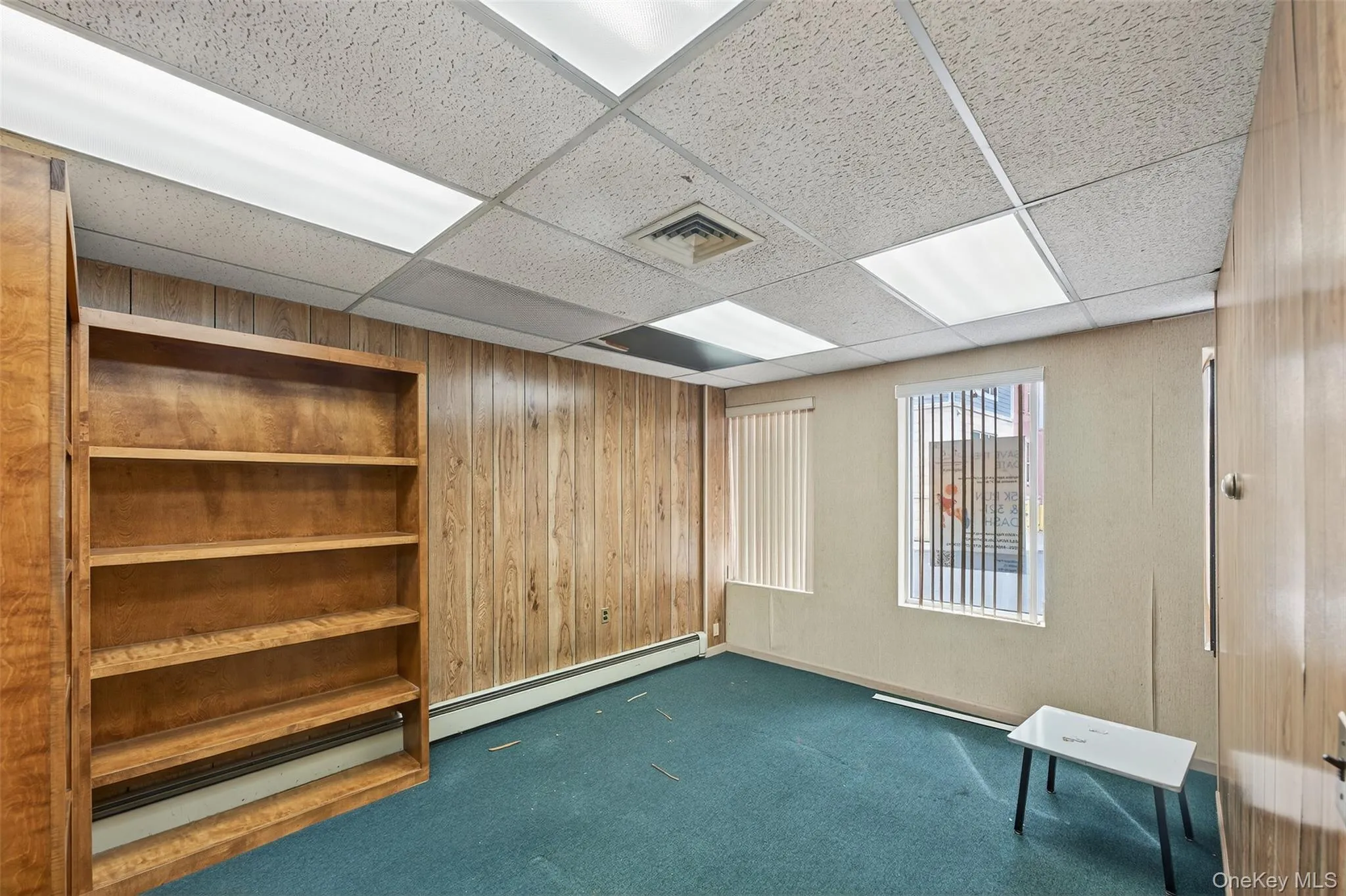 Carpeted spare room with wooden walls and a paneled ceiling Carpeted spare room with wooden walls and a paneled ceiling