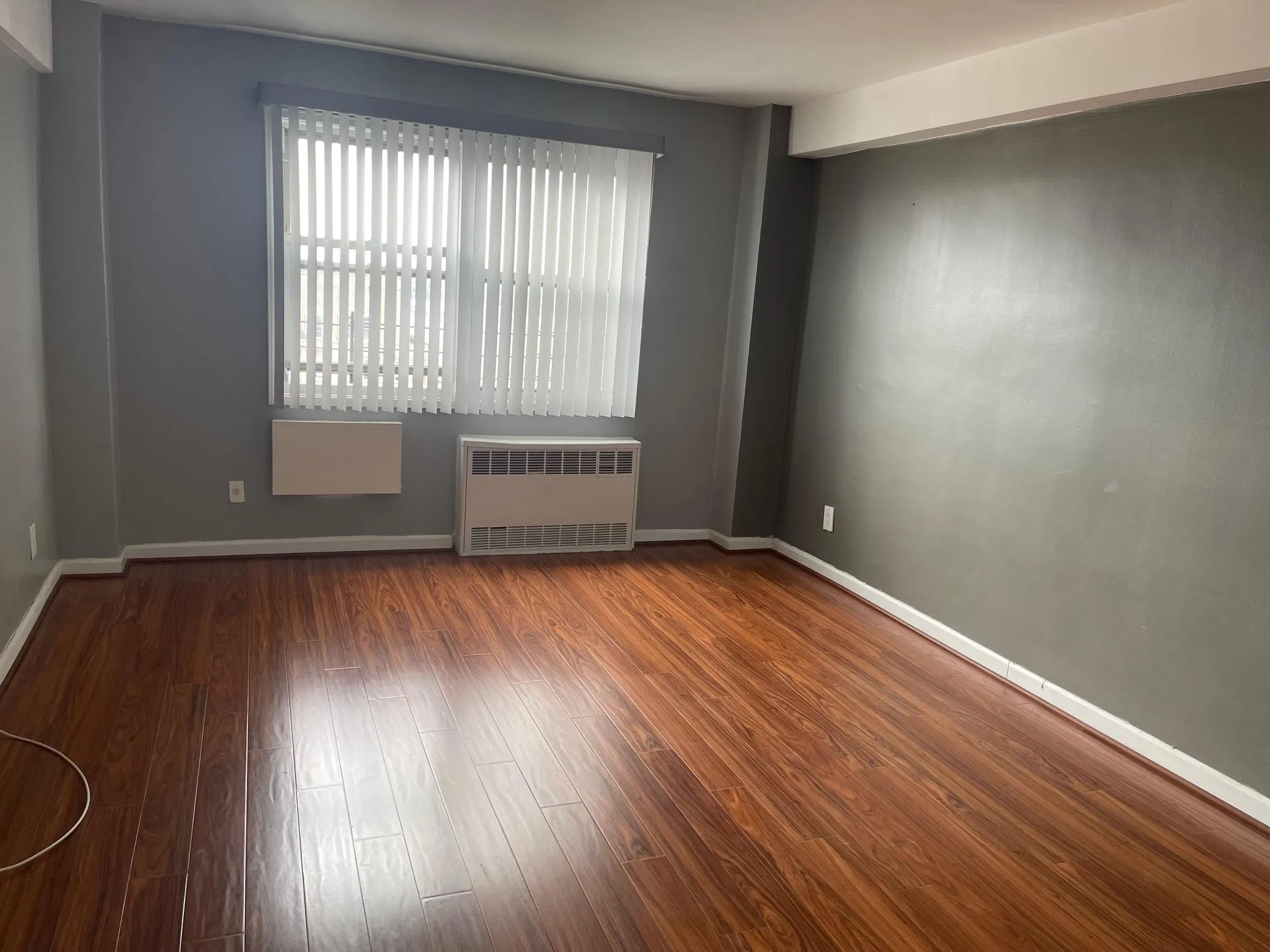 Bedroom featuring wood finished floors and radiator heating unit Bedroom featuring wood finished floors and radiator heating unit