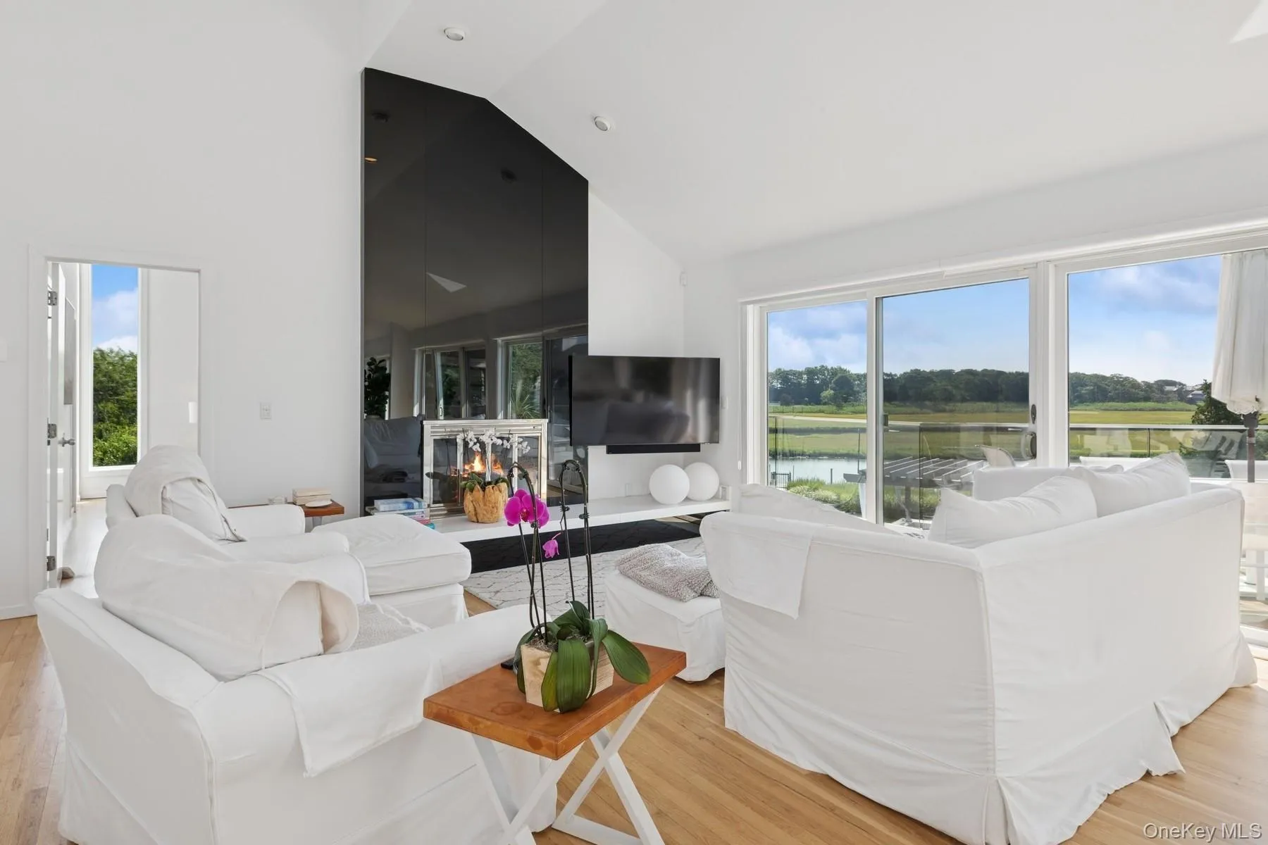 Living room with light wood-type flooring, high vaulted ceiling, and a glass covered fireplace Living room with light wood-type flooring, high vaulted ceiling, and a glass covered fireplace