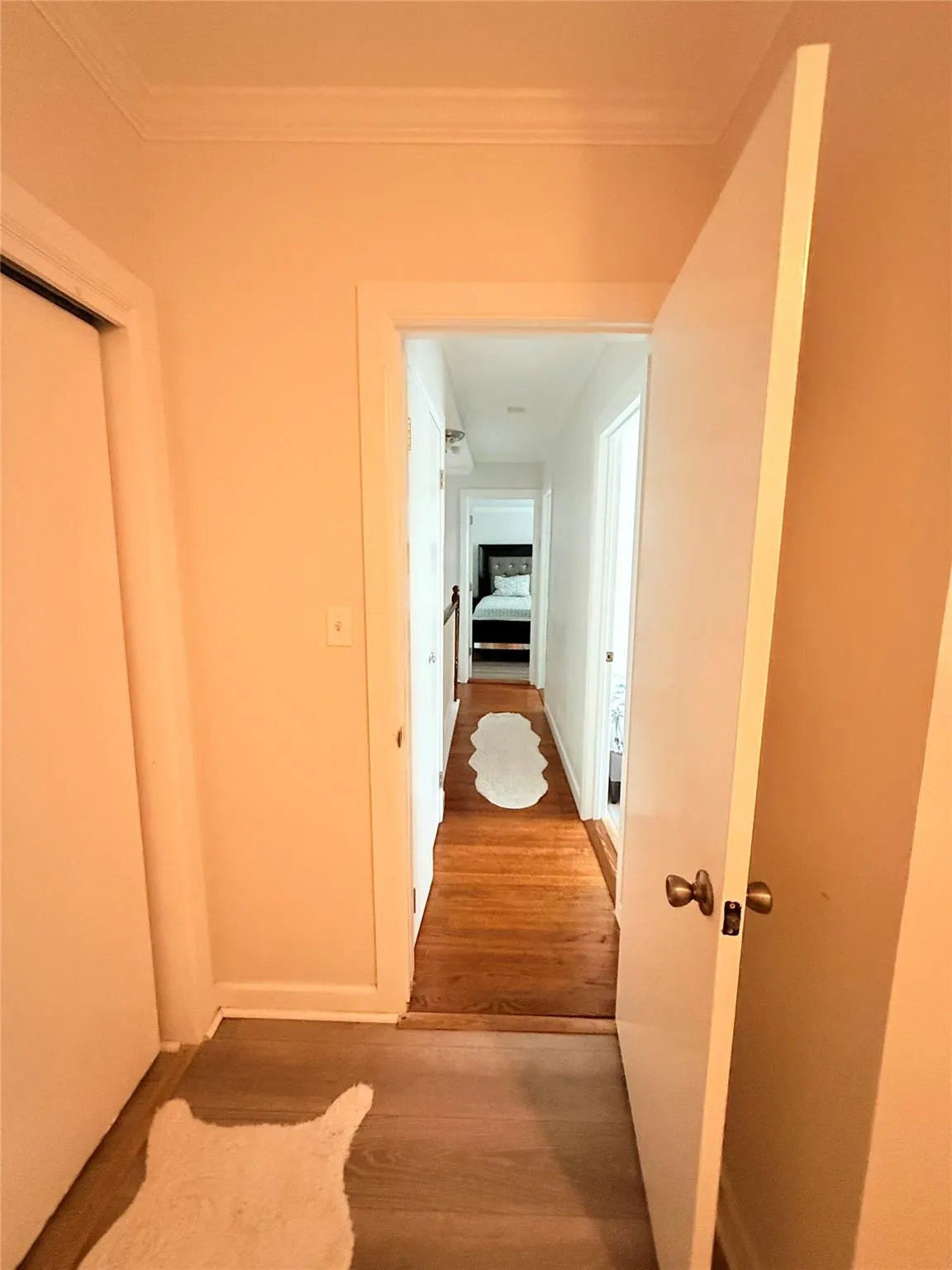 Corridor featuring wood finished floors and crown molding Corridor featuring wood finished floors and crown molding