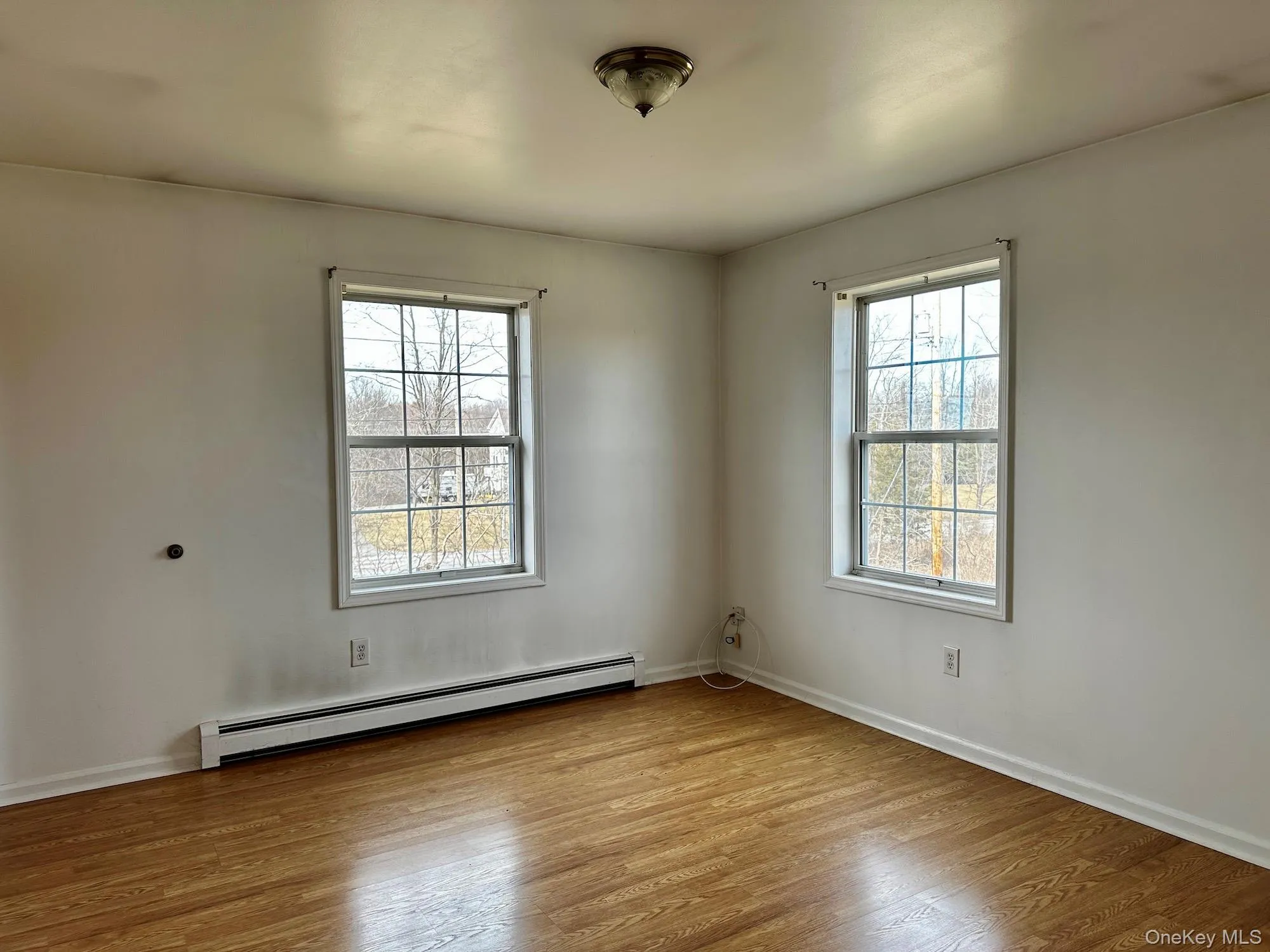Unfurnished room featuring a baseboard radiator, healthy amount of natural light, and wood finished floors Unfurnished room featuring a baseboard radiator, healthy amount of natural light, and wood finished floors