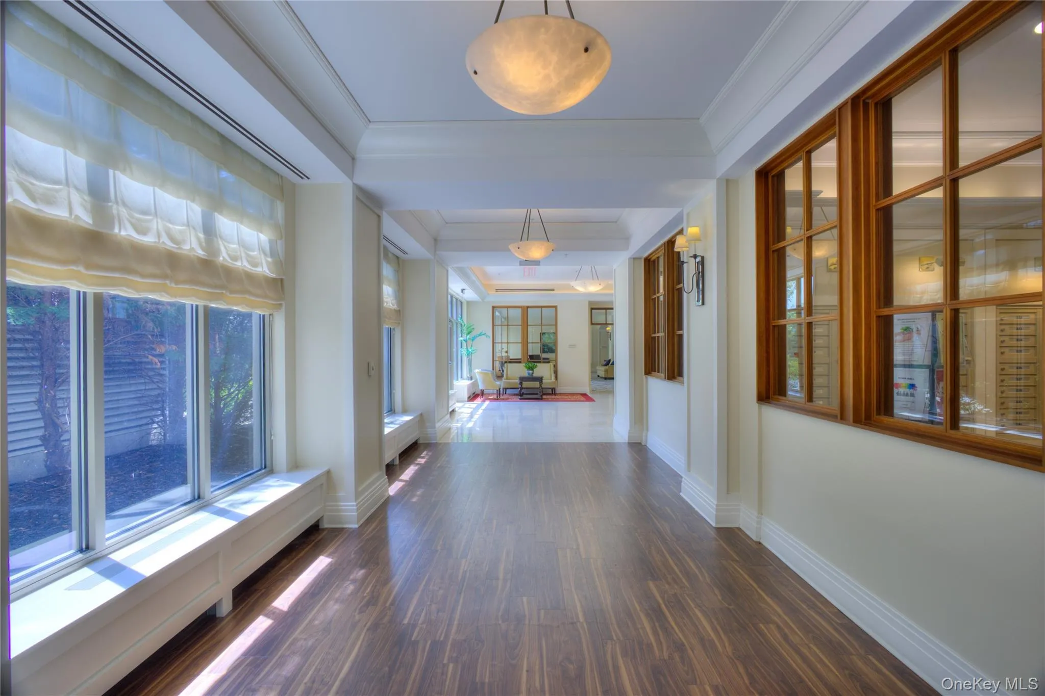Hall with wood finished floors, a raised ceiling, and ornamental molding Hall with wood finished floors, a raised ceiling, and ornamental molding