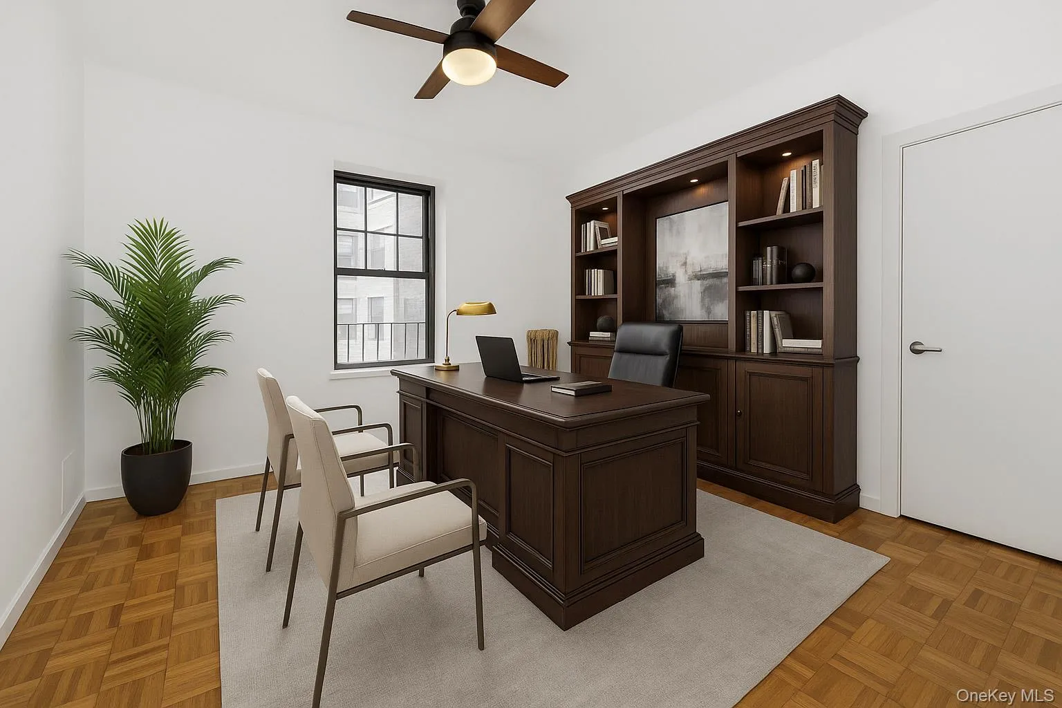 Virtually StagedOffice space featuring a ceiling fan and baseboards Virtually StagedOffice space featuring a ceiling fan and baseboards