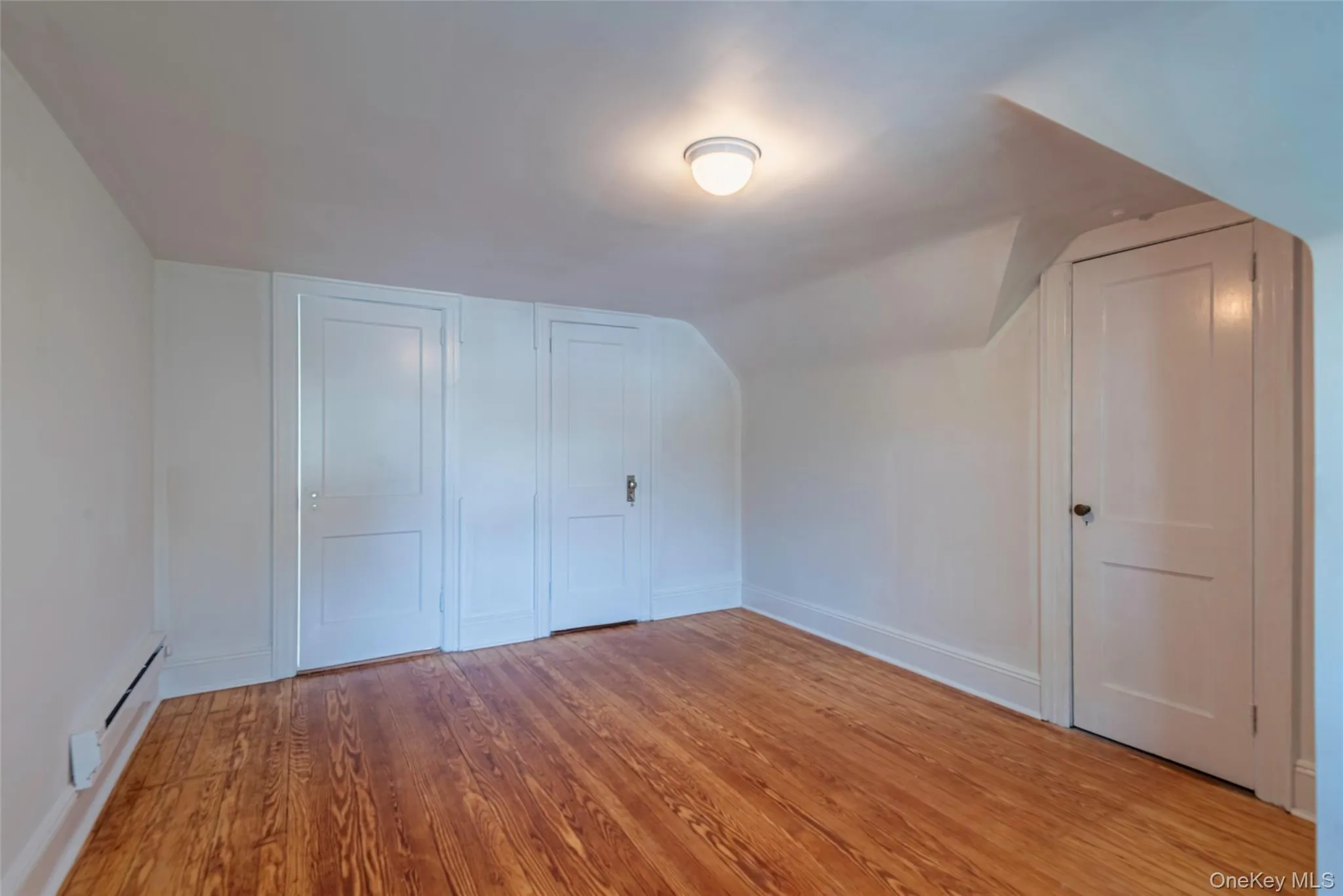 Bonus room featuring light wood-style flooring, a baseboard radiator, and lofted ceiling Bonus room featuring light wood-style flooring, a baseboard radiator, and lofted ceiling