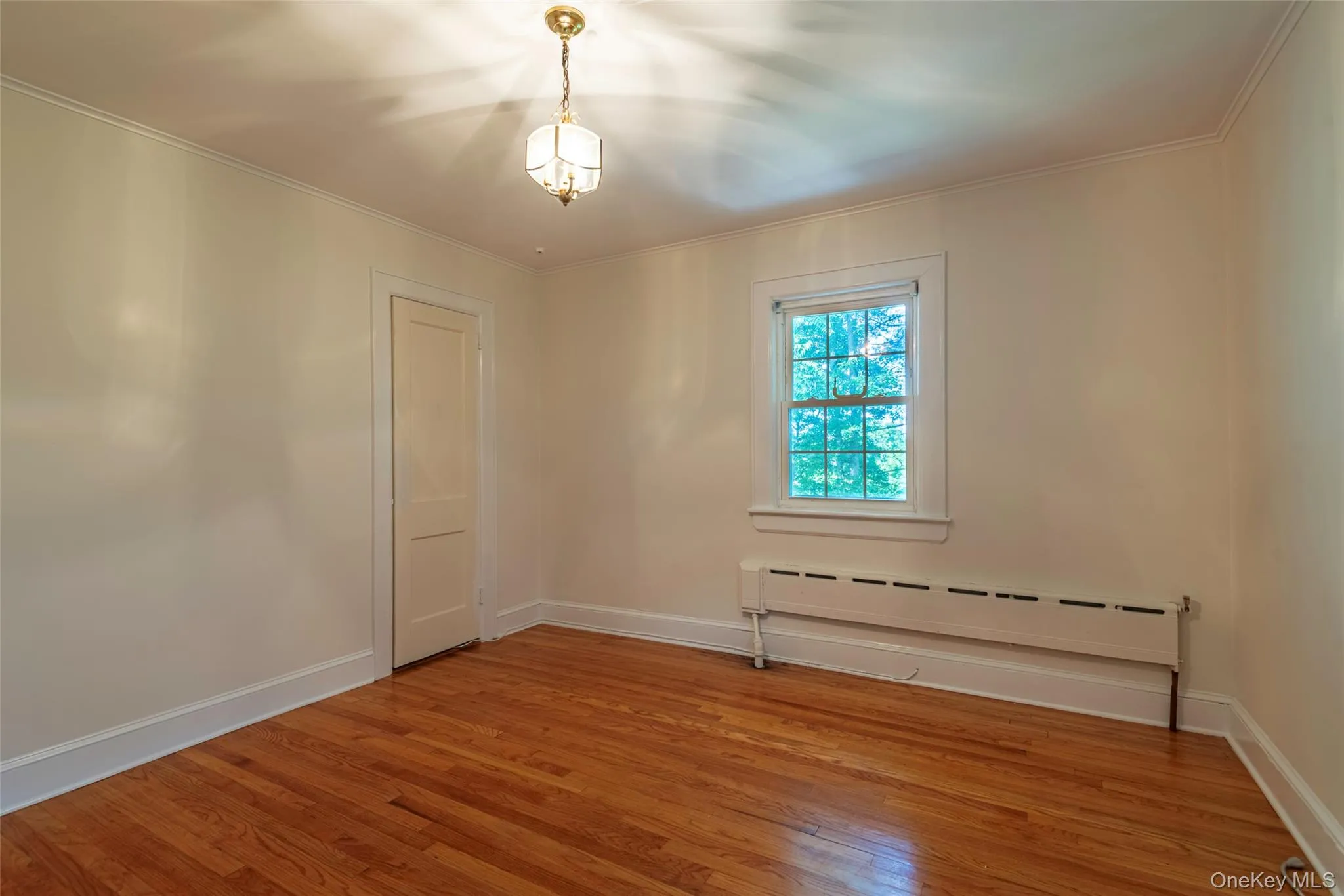 Unfurnished room with light wood finished floors, crown molding, and a baseboard radiator Unfurnished room with light wood finished floors, crown molding, and a baseboard radiator