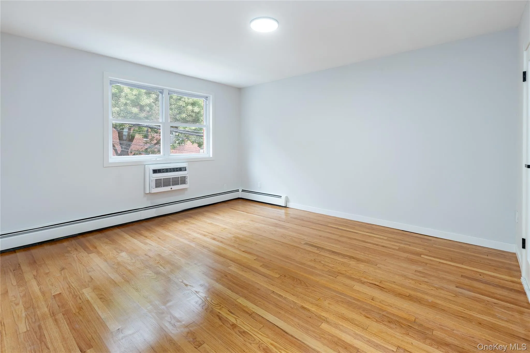 Unfurnished room with light wood finished floors and a baseboard radiator Unfurnished room with light wood finished floors and a baseboard radiator
