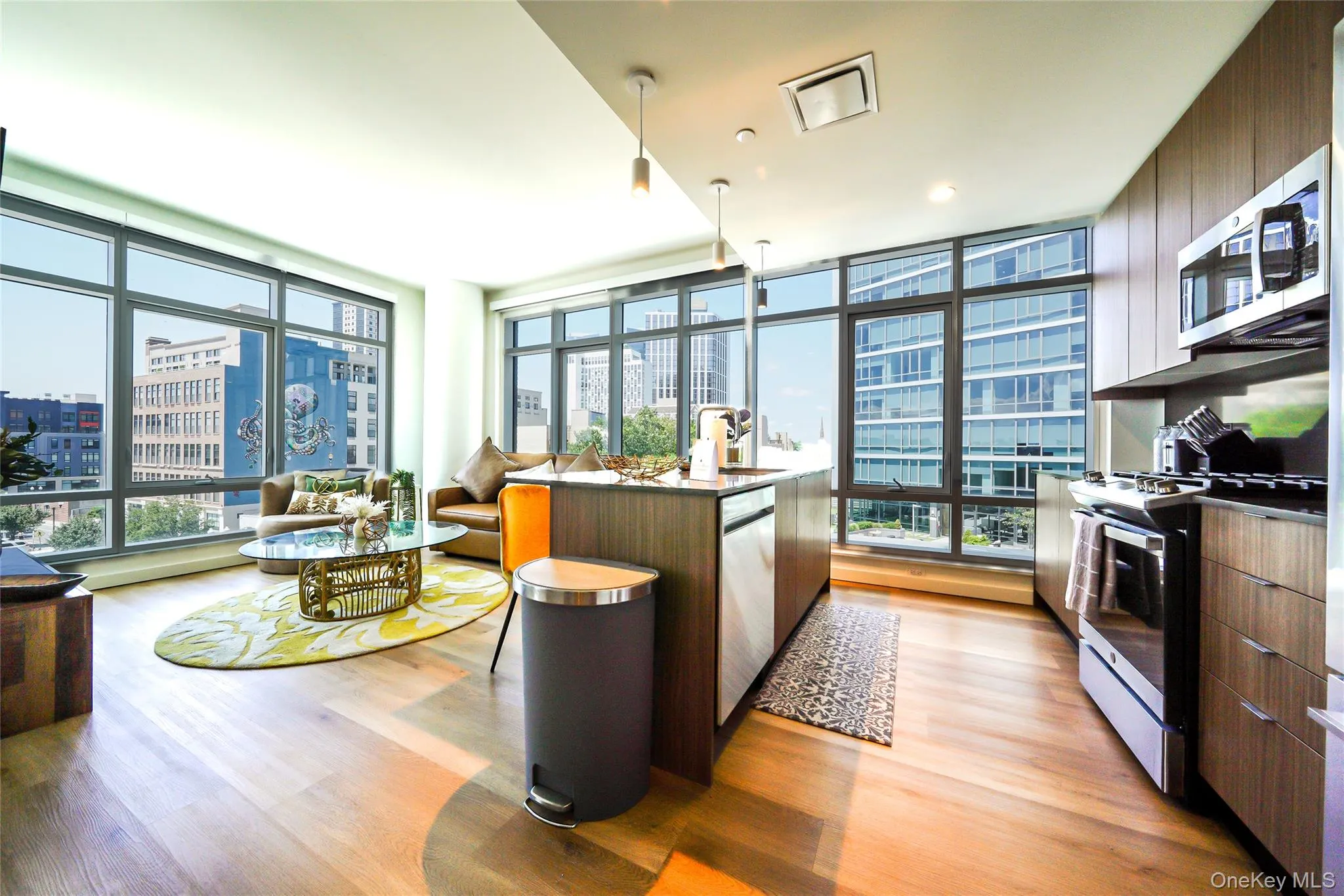 Kitchen with modern cabinets, appliances with stainless steel finishes, light wood-style floors, a view of city, and floor to ceiling windows Kitchen with modern cabinets, appliances with stainless steel finishes, light wood-style floors, a view of city, and floor to ceiling windows