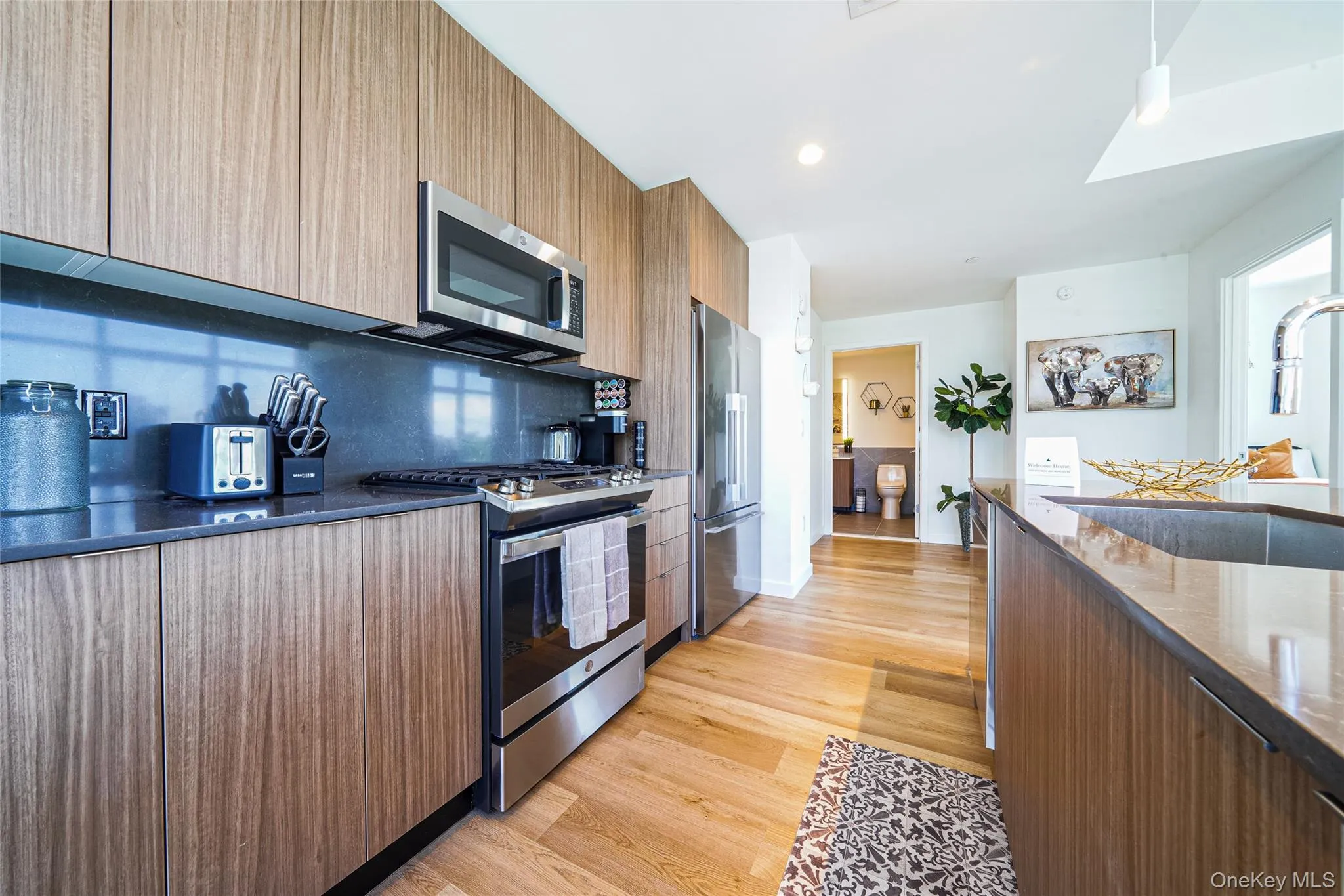 Kitchen featuring modern cabinets, dark stone counters, stainless steel appliances, light wood-type flooring, and tasteful backsplash Kitchen featuring modern cabinets, dark stone counters, stainless steel appliances, light wood-type flooring, and tasteful backsplash