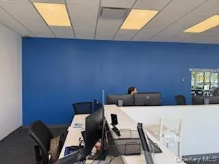 Carpeted office space featuring a drop ceiling Carpeted office space featuring a drop ceiling