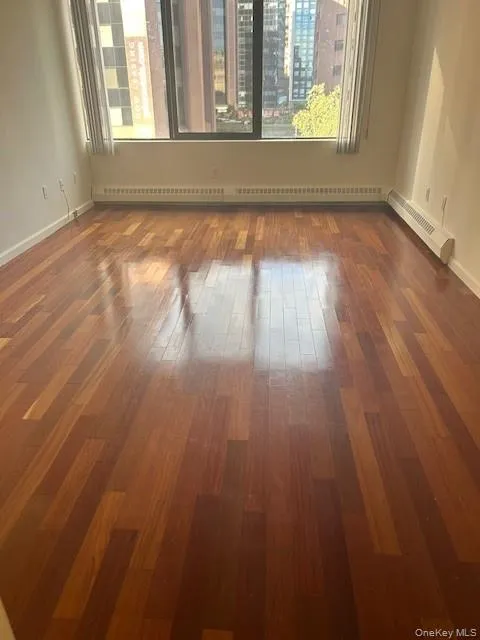 Spare room with healthy amount of natural light, dark wood-type flooring, and a baseboard heating unit Spare room with healthy amount of natural light, dark wood-type flooring, and a baseboard heating unit
