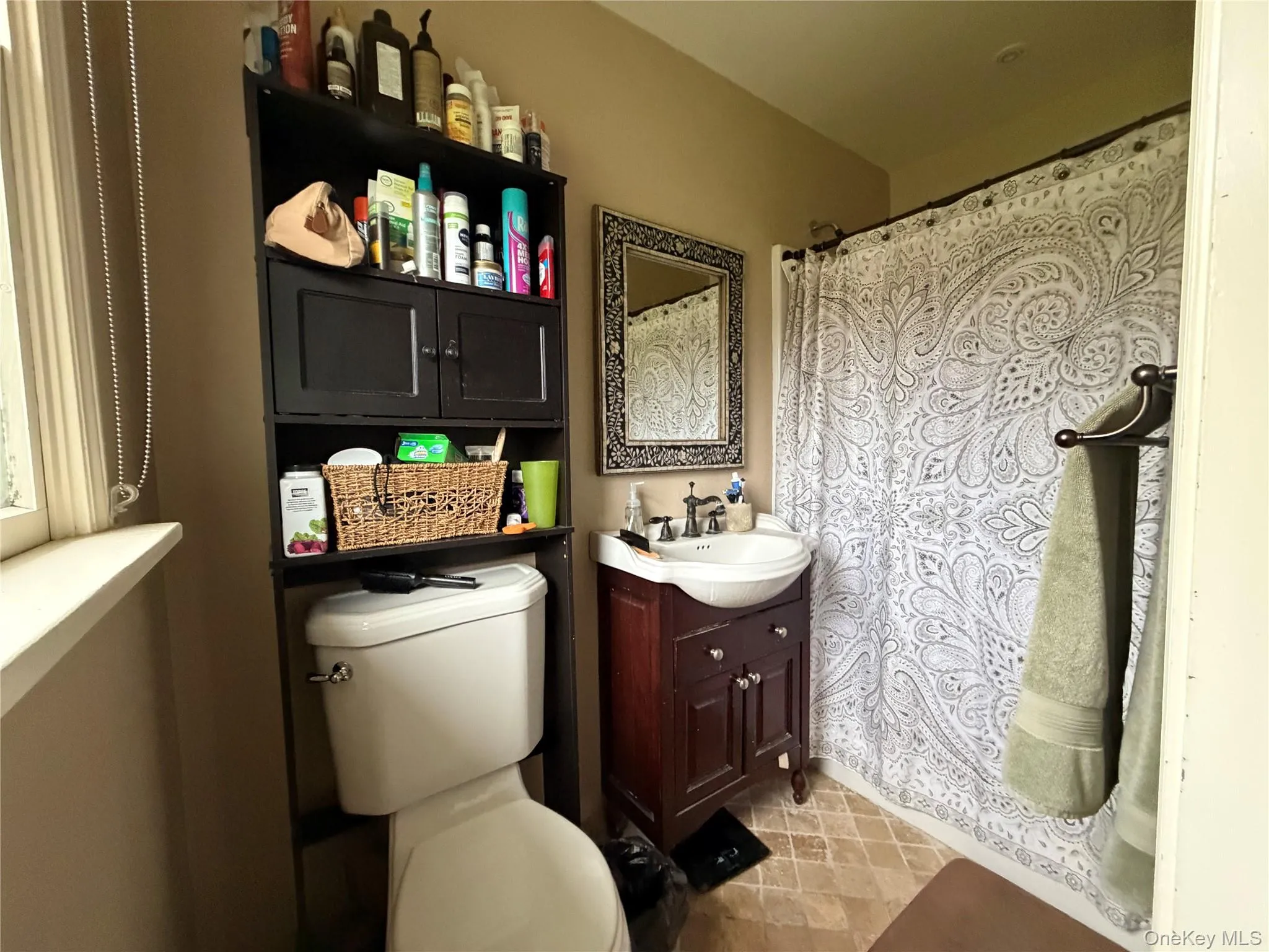Master bathroom featuring a dark wood vanity with a white basin sink, patterned floor tiles, and a shower area Master bathroom featuring a dark wood vanity with a white basin sink, patterned floor tiles, and a shower area