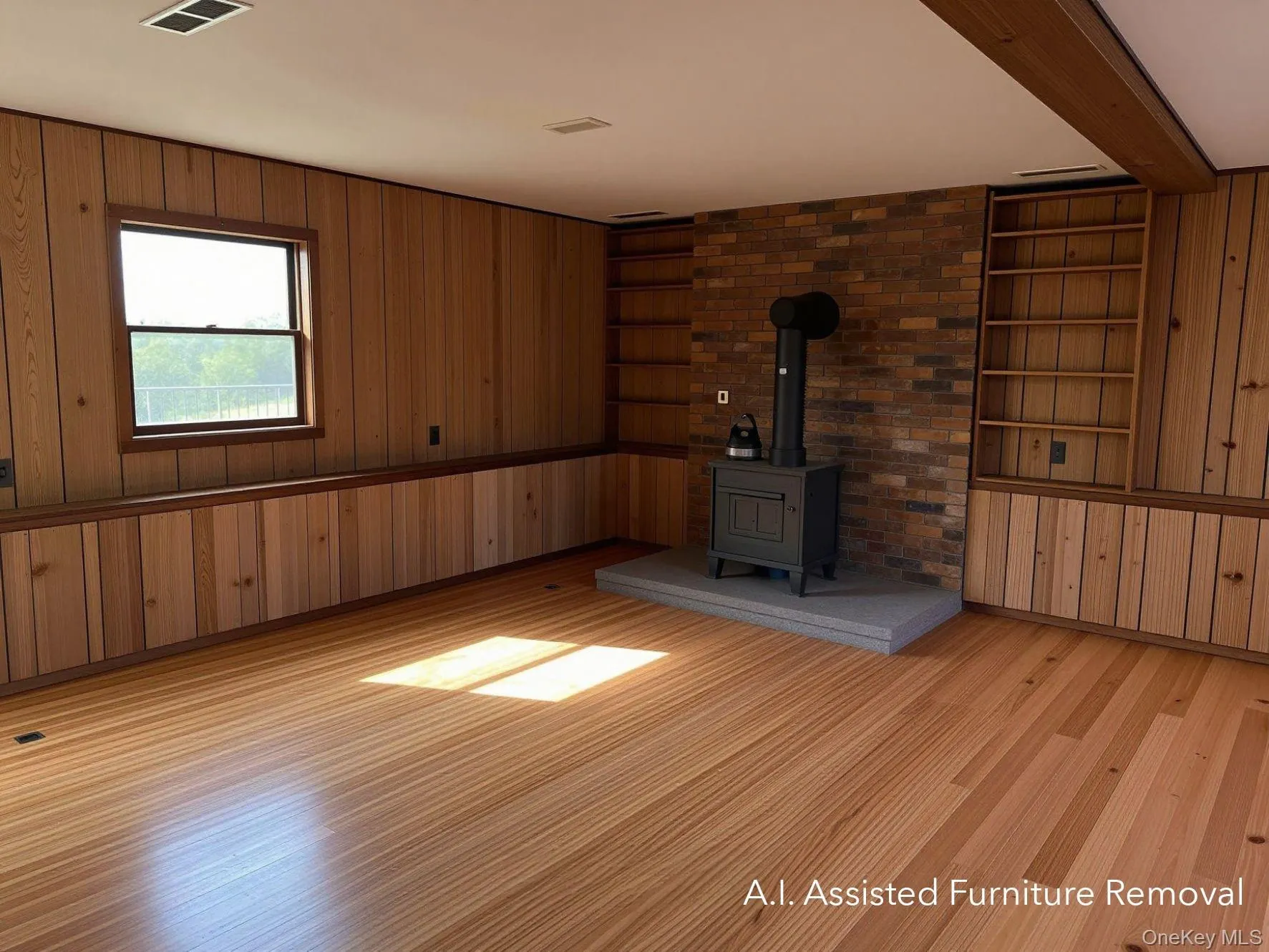 Spacious lower level room featuring wood-finish flooring, wood-paneled walls, and a brick accent wall with a built-in wood-burning stove on a raised hearth Spacious lower level room featuring wood-finish flooring, wood-paneled walls, and a brick accent wall with a built-in wood-burning stove on a raised hearth