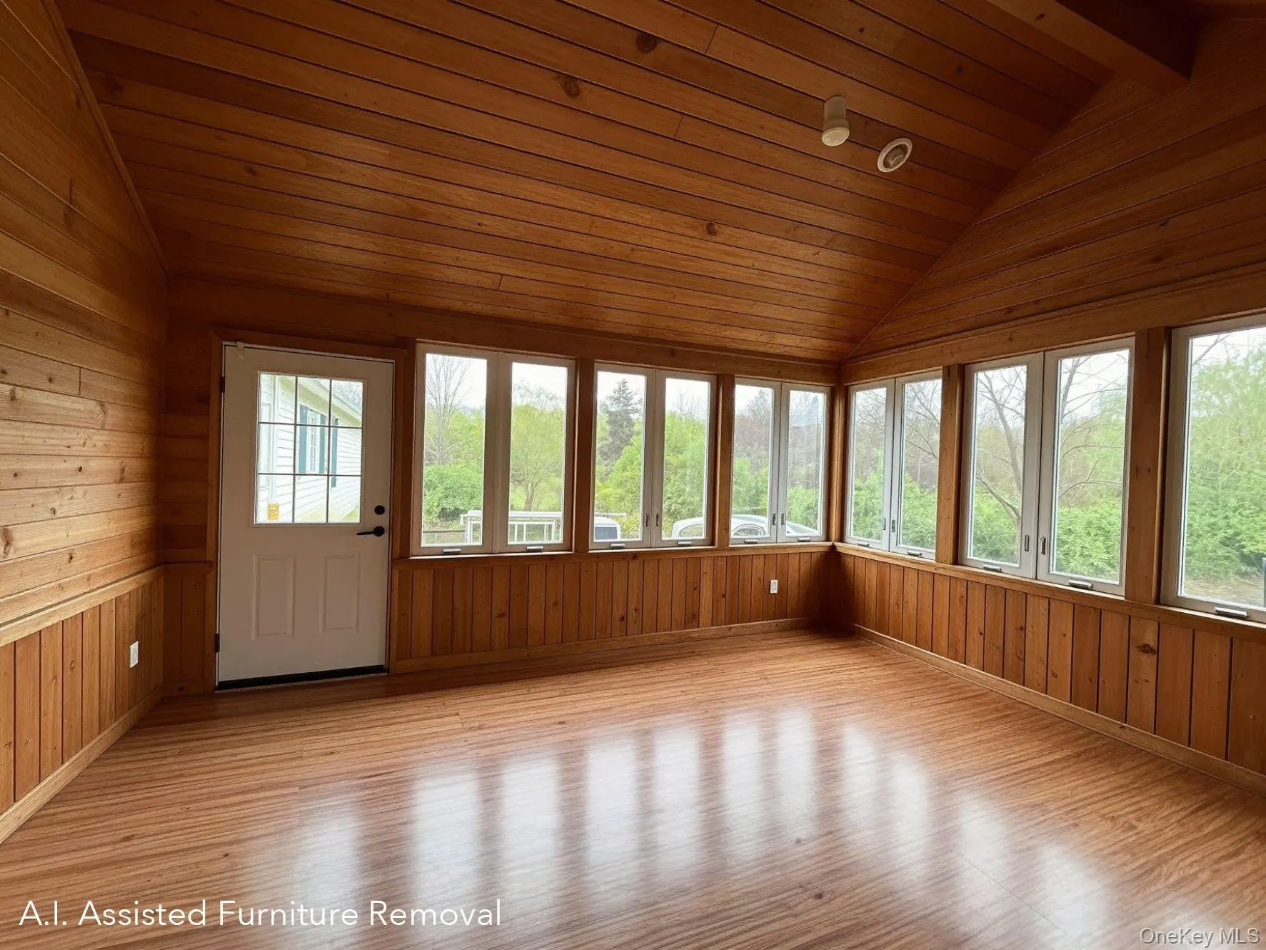 Different angle of door to deck from insulated, wood-paneled three season room featuring a pellet stove, an angled vaulted ceiling with recessed lighting, a ceiling fan, and extensive wrap around windows with roller shades. Different angle of door to deck from insulated, wood-paneled three season room featuring a pellet stove, an angled vaulted ceiling with recessed lighting, a ceiling fan, and extensive wrap around windows with roller shades.