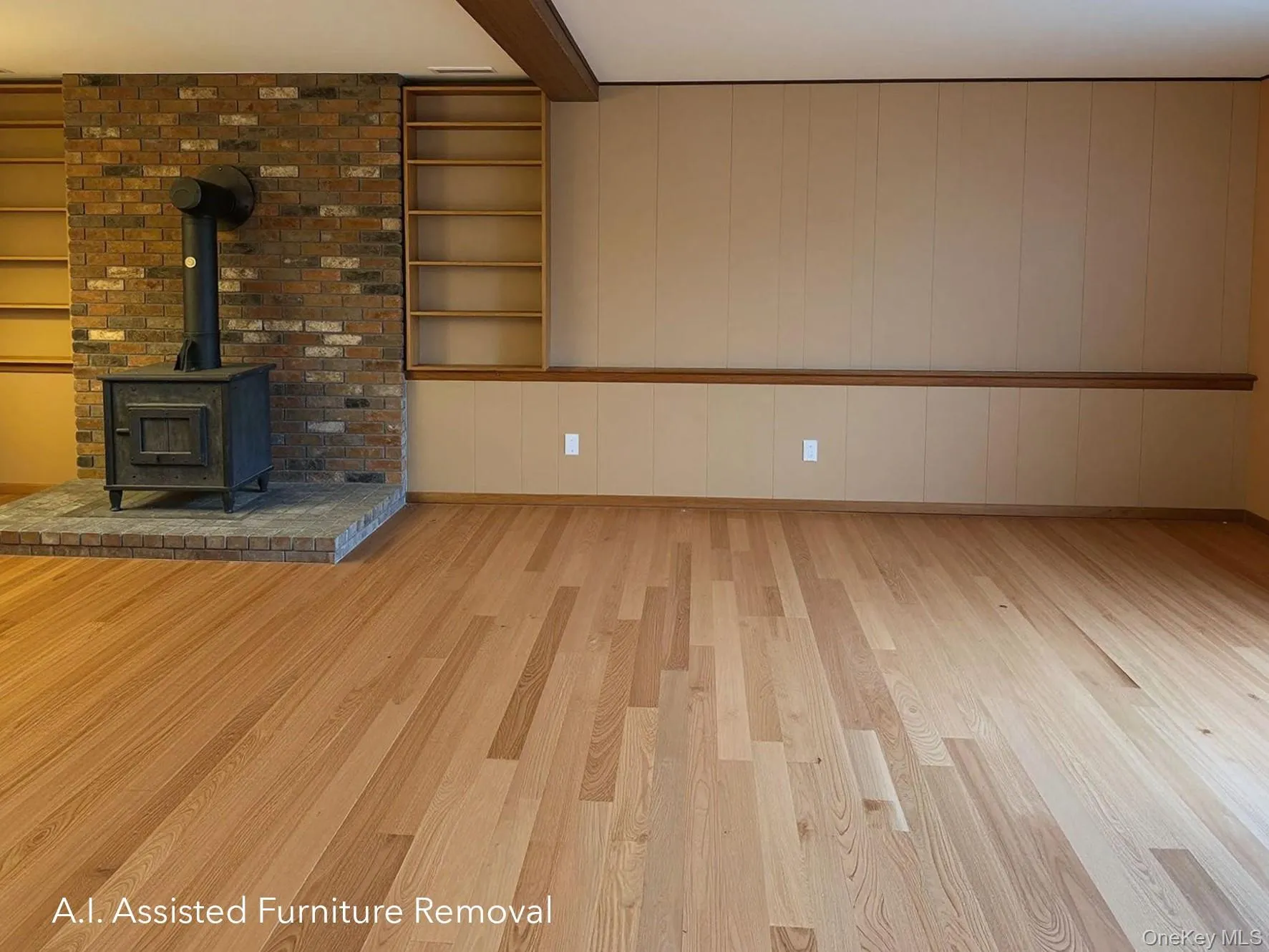 Wood-burning stove with a brick surround and hearth, flanked by built-in shelving units Wood-burning stove with a brick surround and hearth, flanked by built-in shelving units
