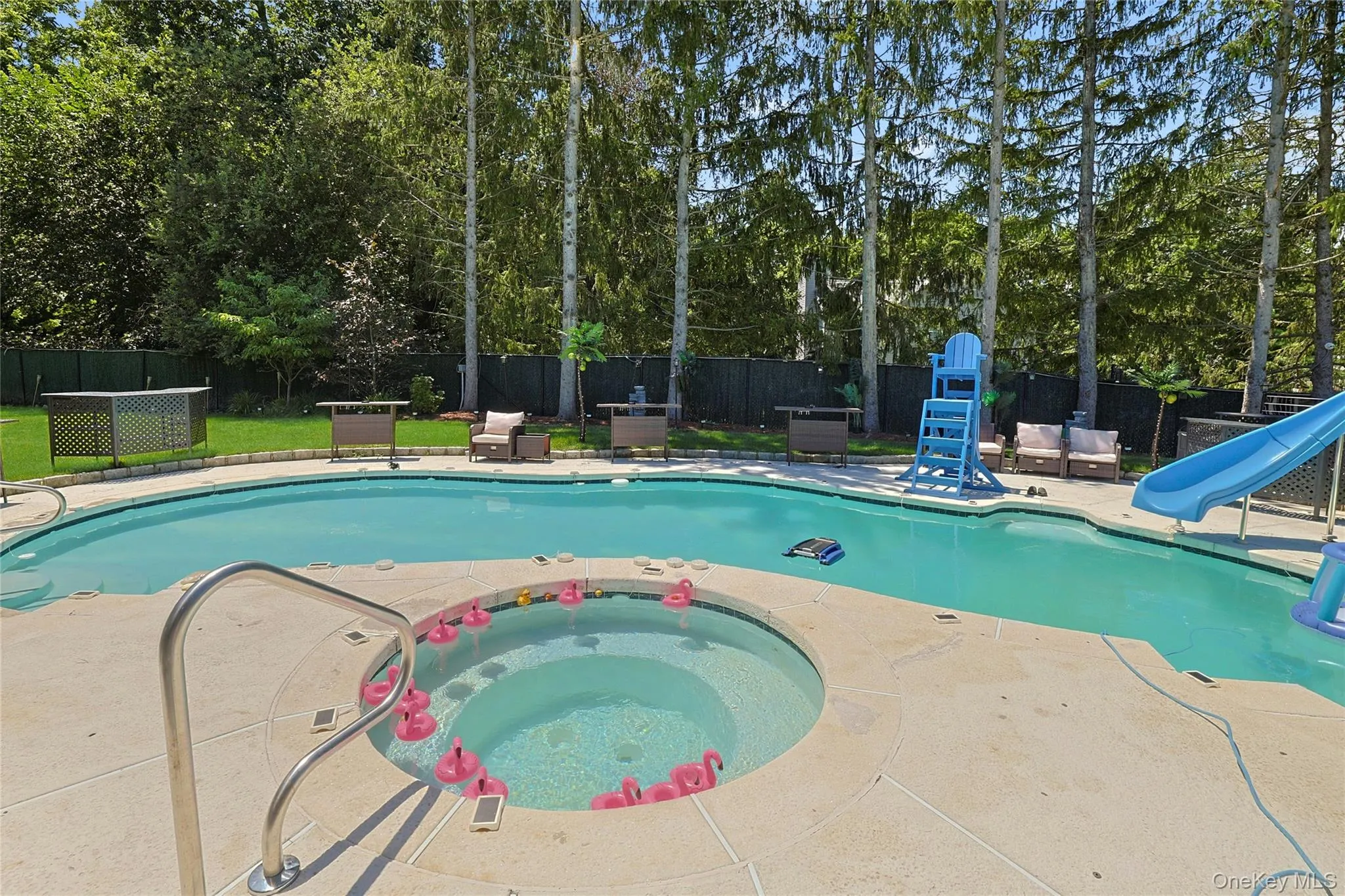 View of pool with a water slide, a patio, and an in-ground hot tub View of pool with a water slide, a patio, and an in-ground hot tub