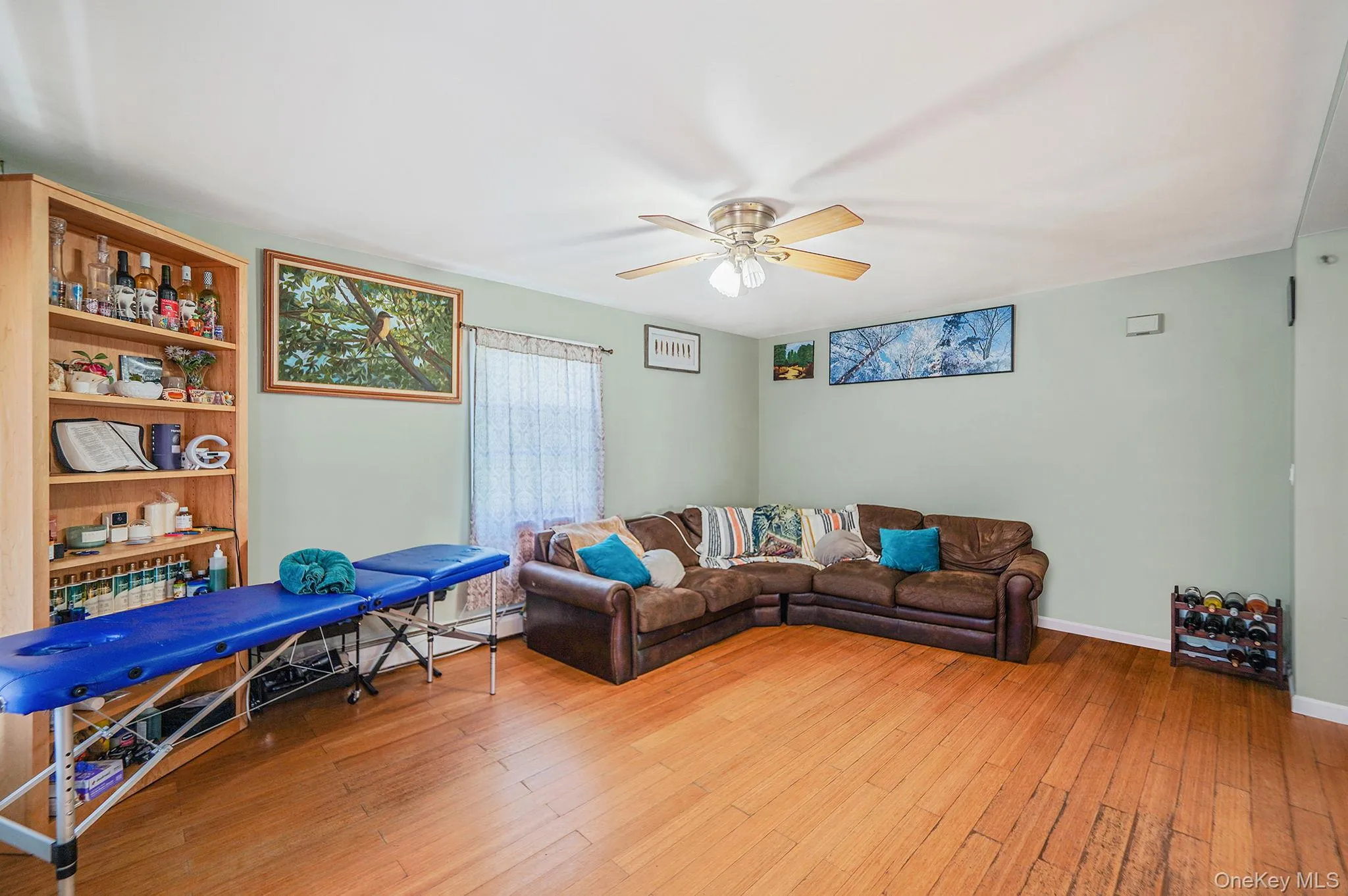 Living room filled with natural llight, light wood-style floors and ceiling fan Living room filled with natural llight, light wood-style floors and ceiling fan