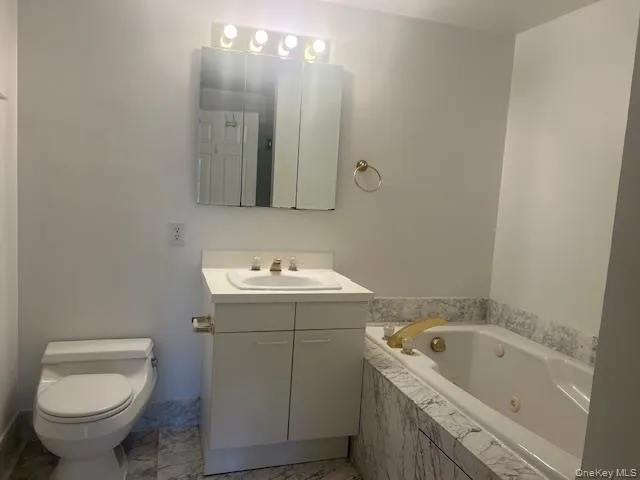 Bathroom featuring vanity and a tub with jets Bathroom featuring vanity and a tub with jets