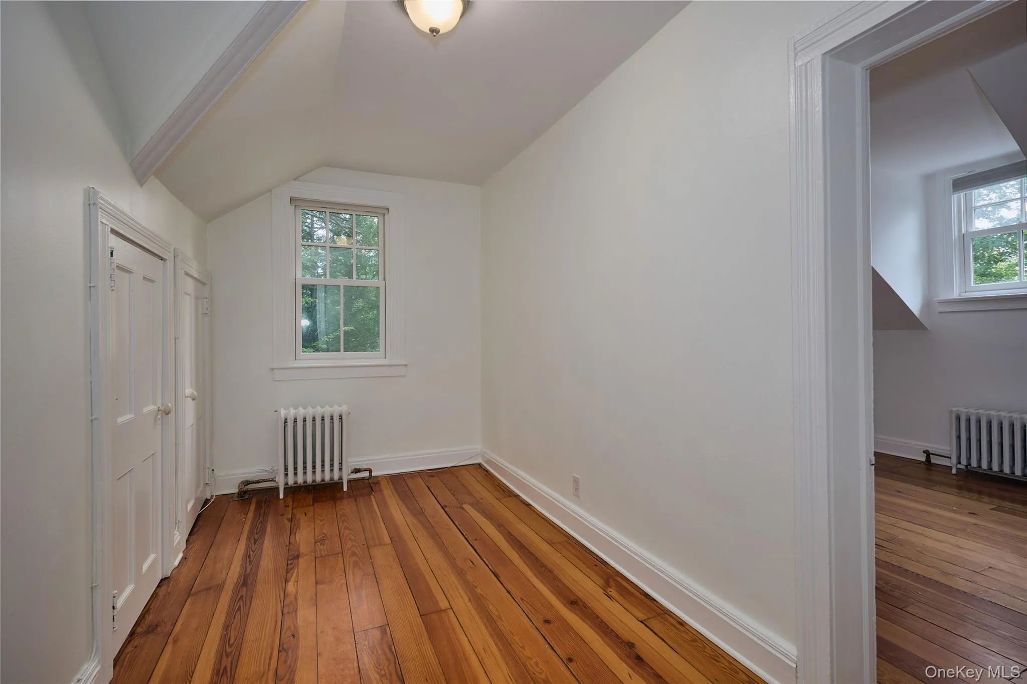 Additional living space featuring hardwood / wood-style floors, radiator heating unit, and lofted ceiling Additional living space featuring hardwood / wood-style floors, radiator heating unit, and lofted ceiling