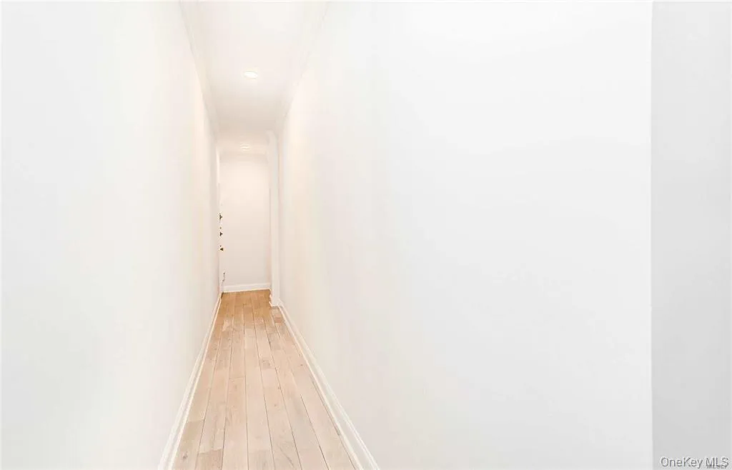 Hall with light wood finished floors, ornamental molding, and recessed lighting Hall with light wood finished floors, ornamental molding, and recessed lighting