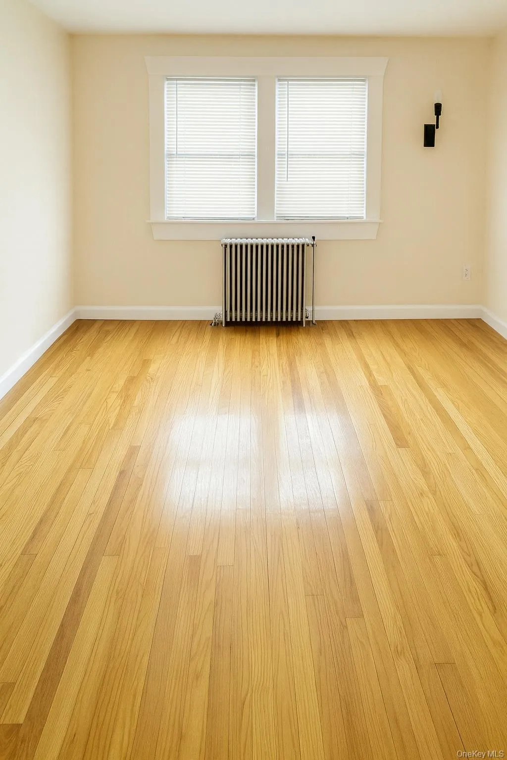 Spare room featuring radiator heating unit and wood finished floors Spare room featuring radiator heating unit and wood finished floors