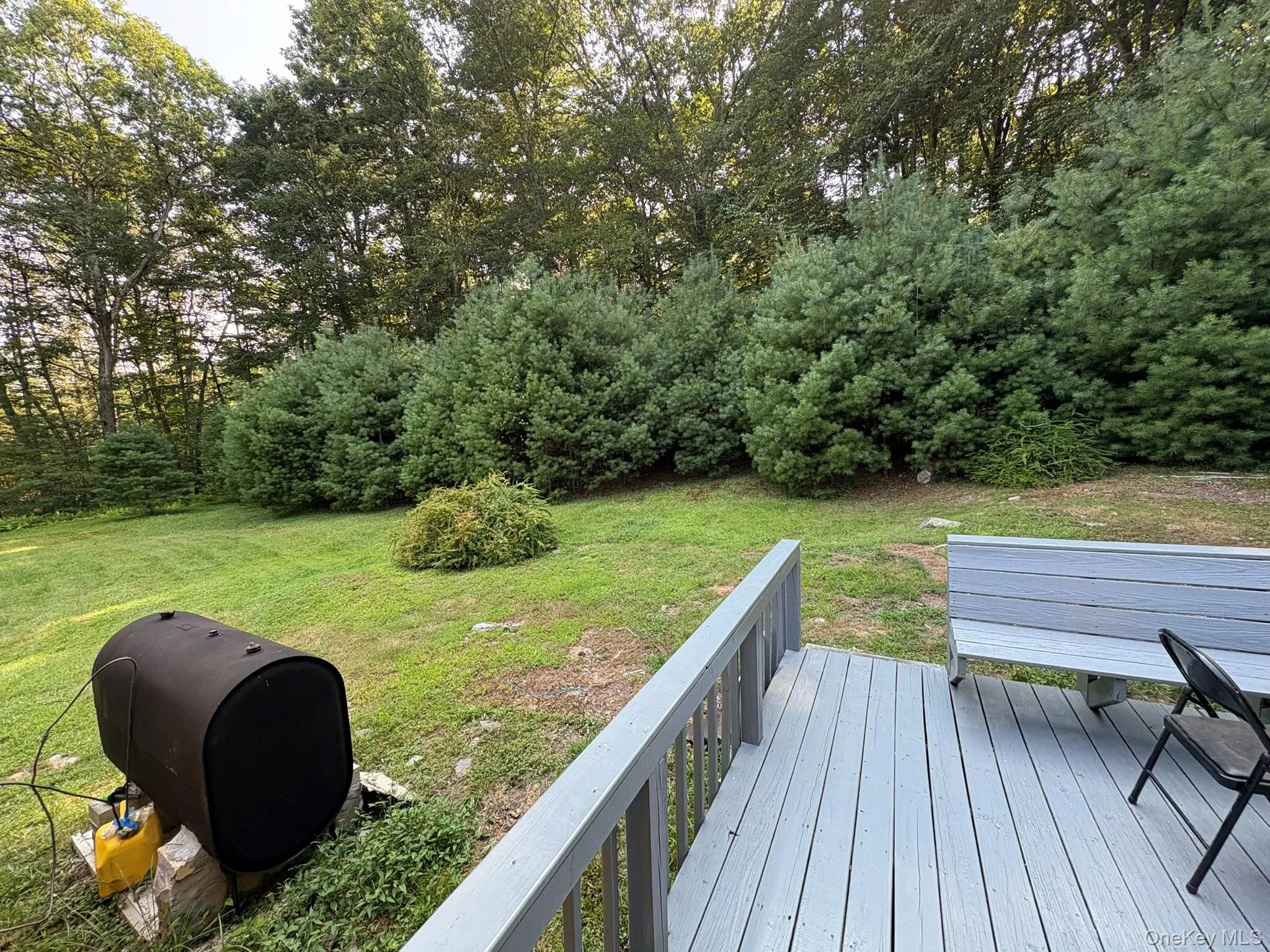 Wooden terrace with a yard and view of scattered trees Wooden terrace with a yard and view of scattered trees