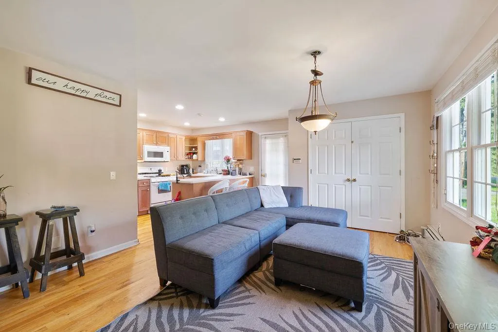 Living room with light wood-type flooring, a baseboard heating unit, and recessed lighting Living room with light wood-type flooring, a baseboard heating unit, and recessed lighting