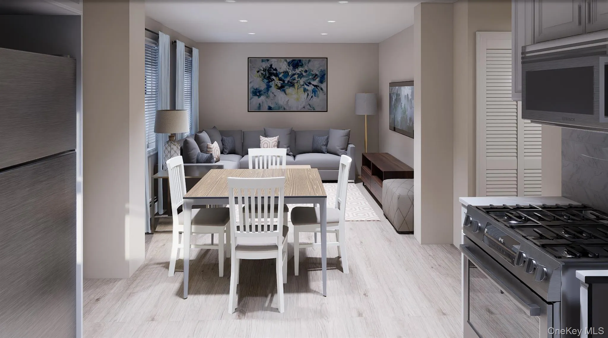 Dining area with light wood-style flooring and recessed lighting Dining area with light wood-style flooring and recessed lighting