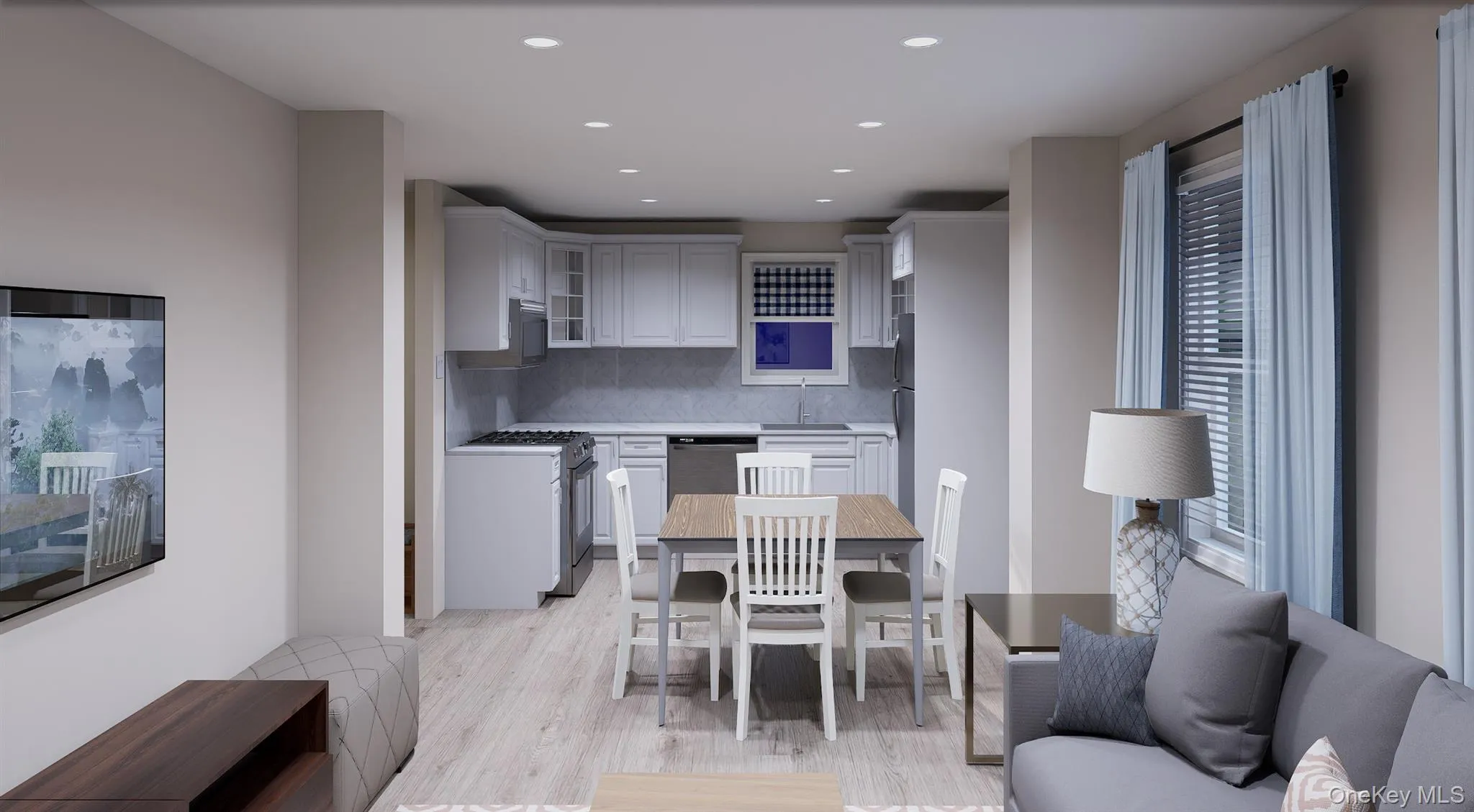 Kitchen featuring white cabinetry, backsplash, stainless steel appliances, light wood-style flooring, and recessed lighting Kitchen featuring white cabinetry, backsplash, stainless steel appliances, light wood-style flooring, and recessed lighting