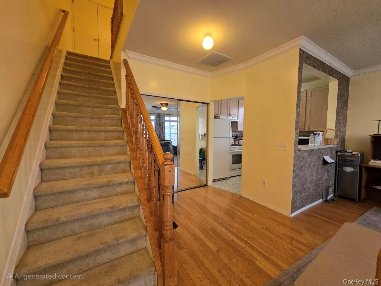 Stairway with ornamental molding, hardwood / wood-style flooring, and ceiling fan Stairway with ornamental molding, hardwood / wood-style flooring, and ceiling fan