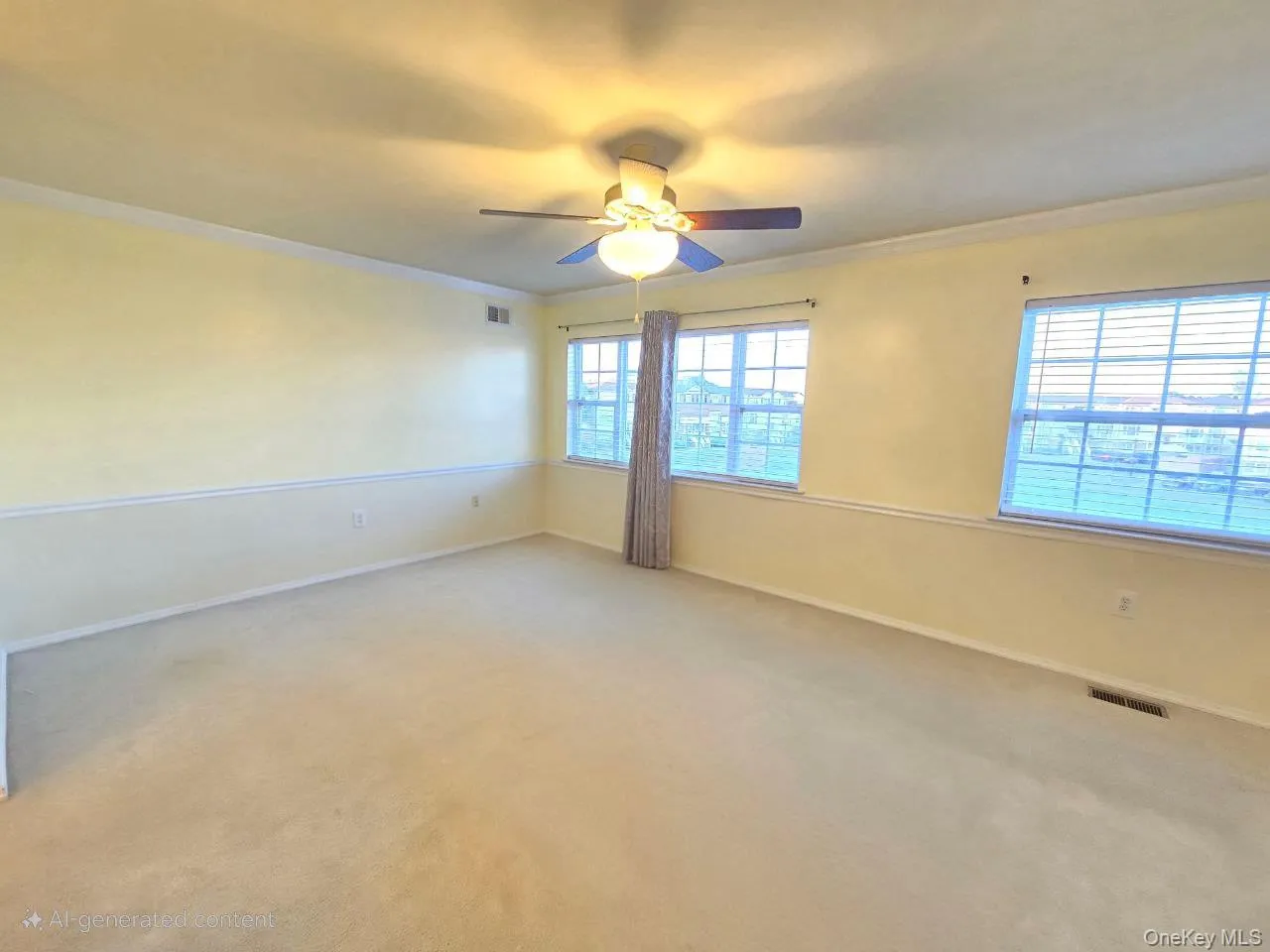 Spare room featuring crown molding, carpet flooring, and ceiling fan Spare room featuring crown molding, carpet flooring, and ceiling fan