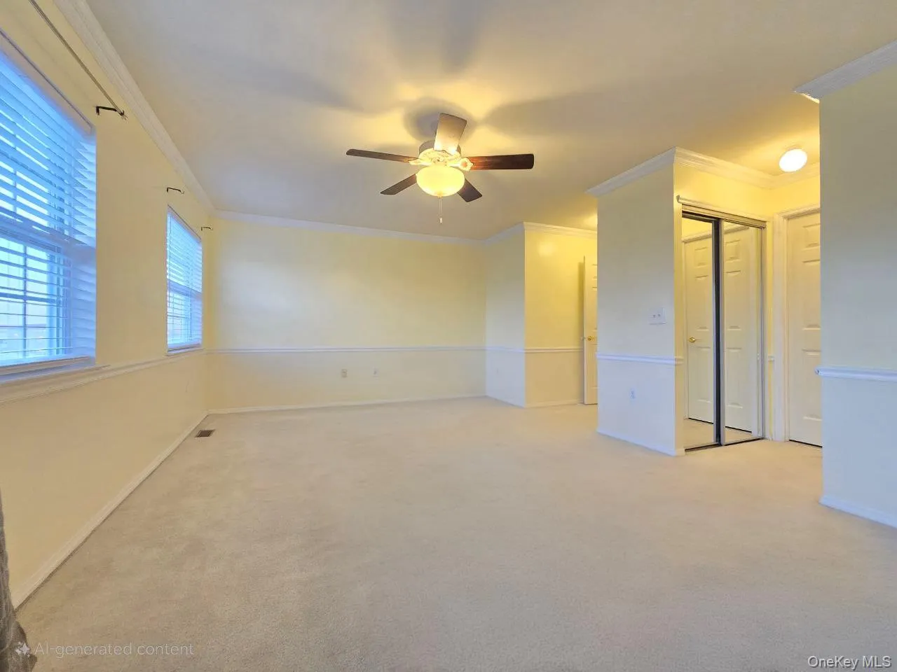 Unfurnished room with crown molding, carpet flooring, and ceiling fan Unfurnished room with crown molding, carpet flooring, and ceiling fan