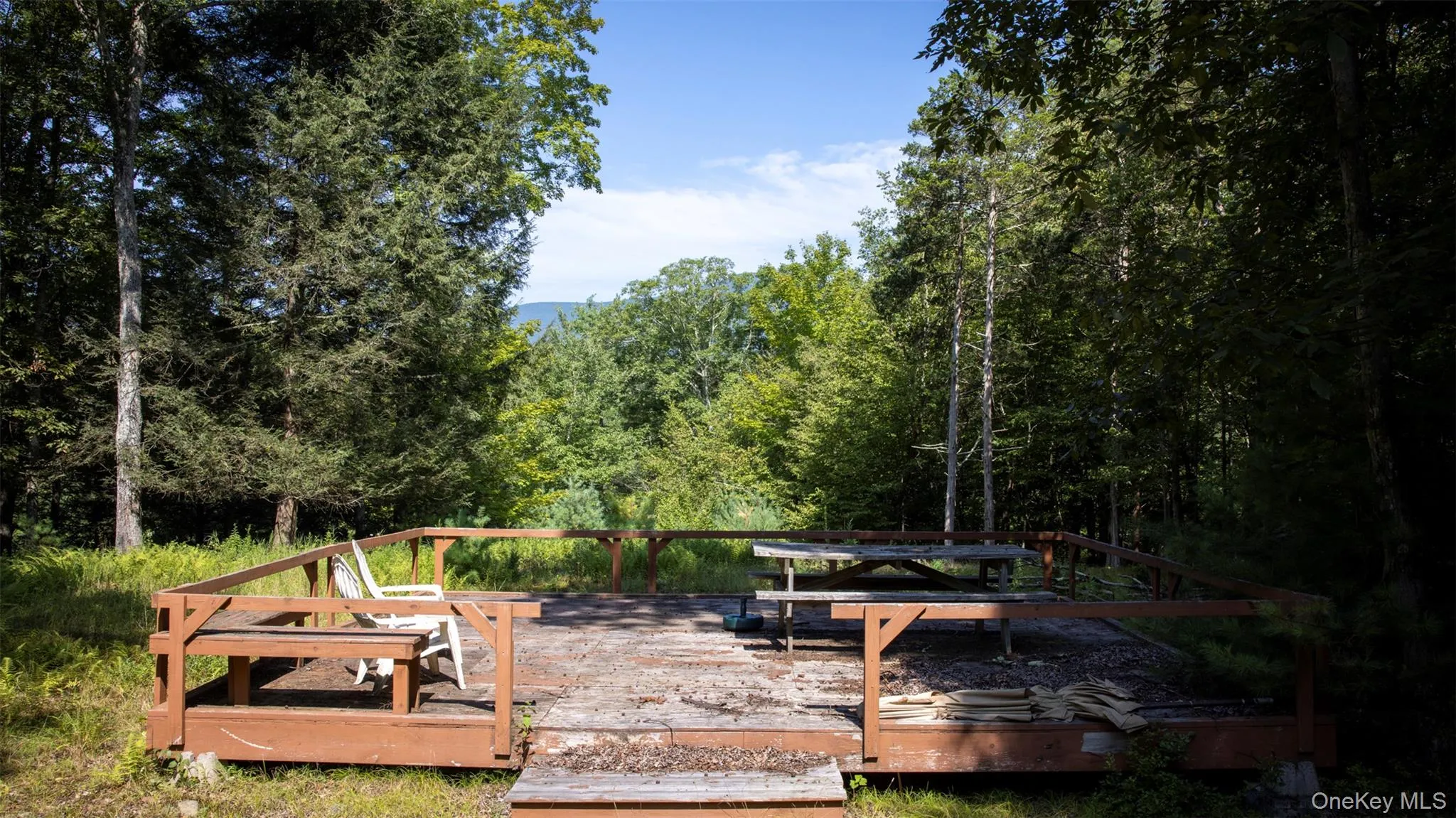 View of home's community with a forest view and a deck View of home's community with a forest view and a deck