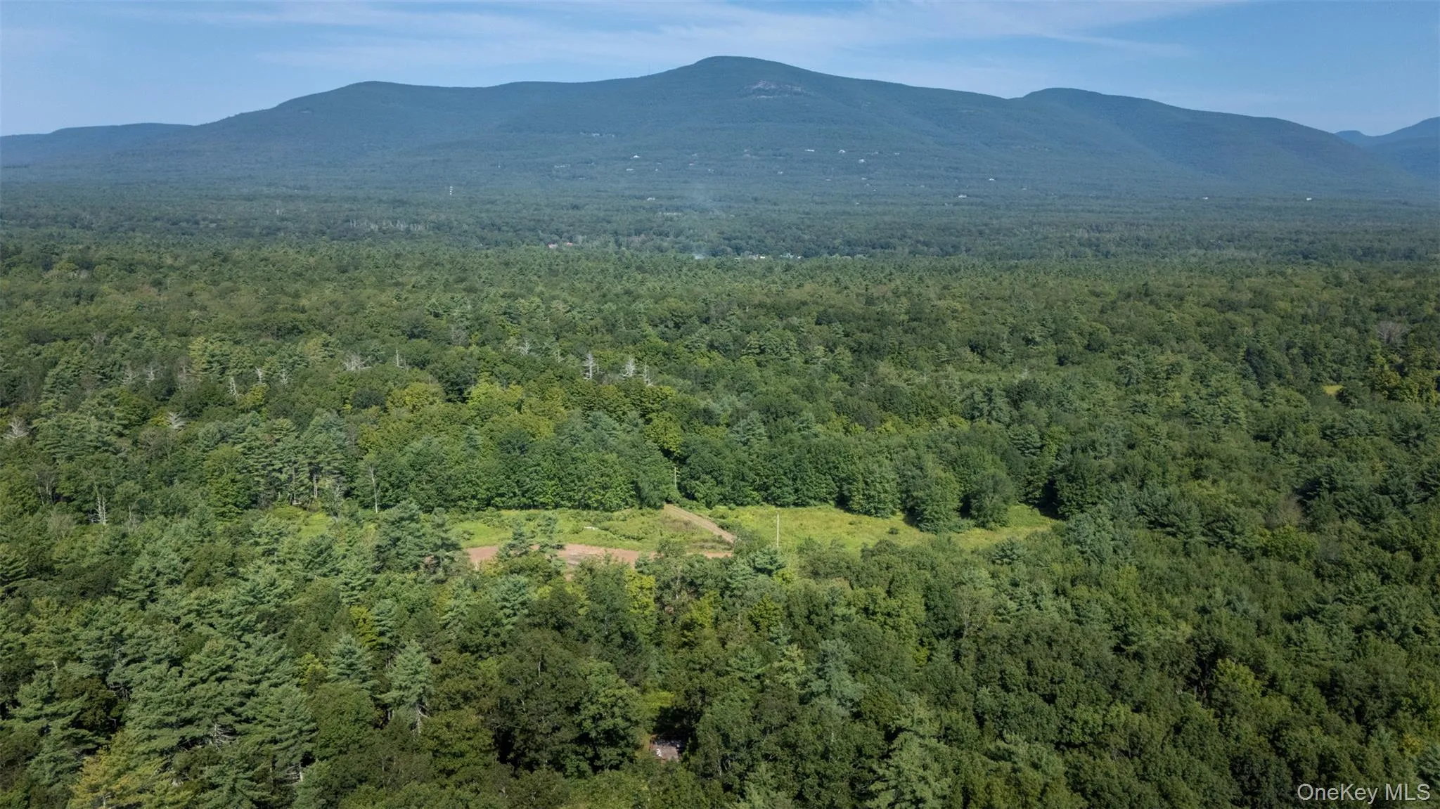 Aerial overview of property's location with a mountain backdrop and a heavily wooded area Aerial overview of property's location with a mountain backdrop and a heavily wooded area