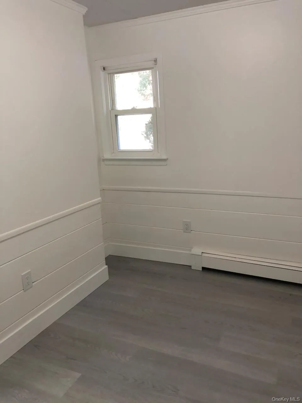 Empty room with wainscoting, baseboard heating, crown molding, and dark wood-style floors Empty room with wainscoting, baseboard heating, crown molding, and dark wood-style floors