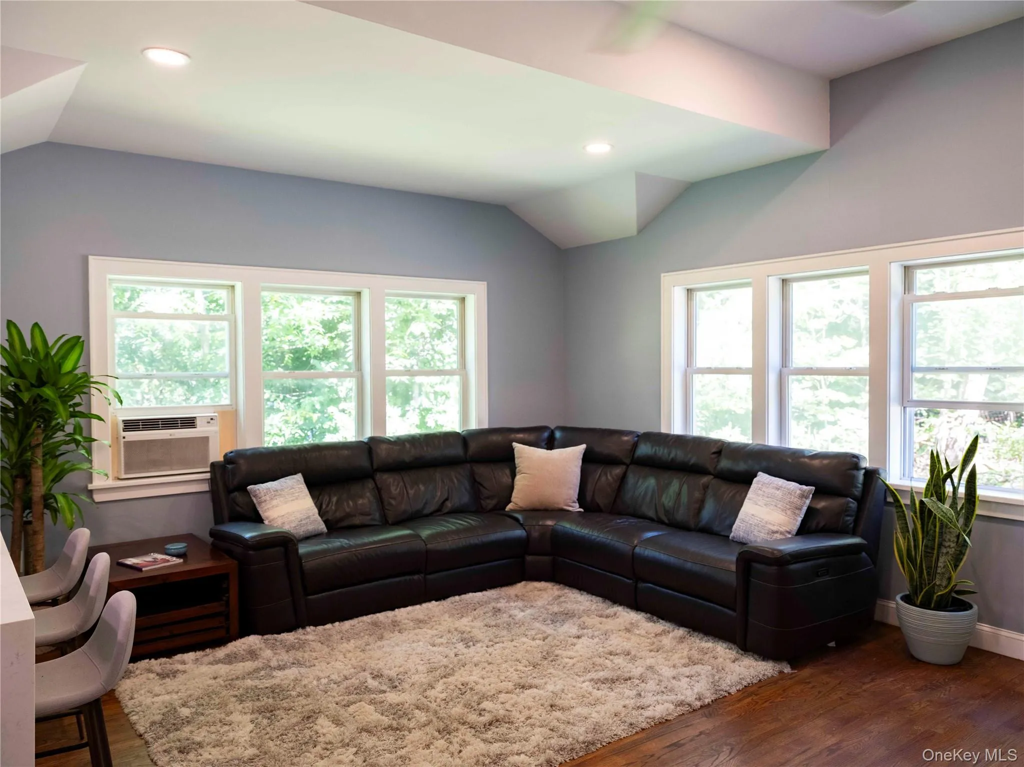 Living room with vaulted ceiling, dark wood-style floors, plenty of natural light, and recessed lighting Living room with vaulted ceiling, dark wood-style floors, plenty of natural light, and recessed lighting