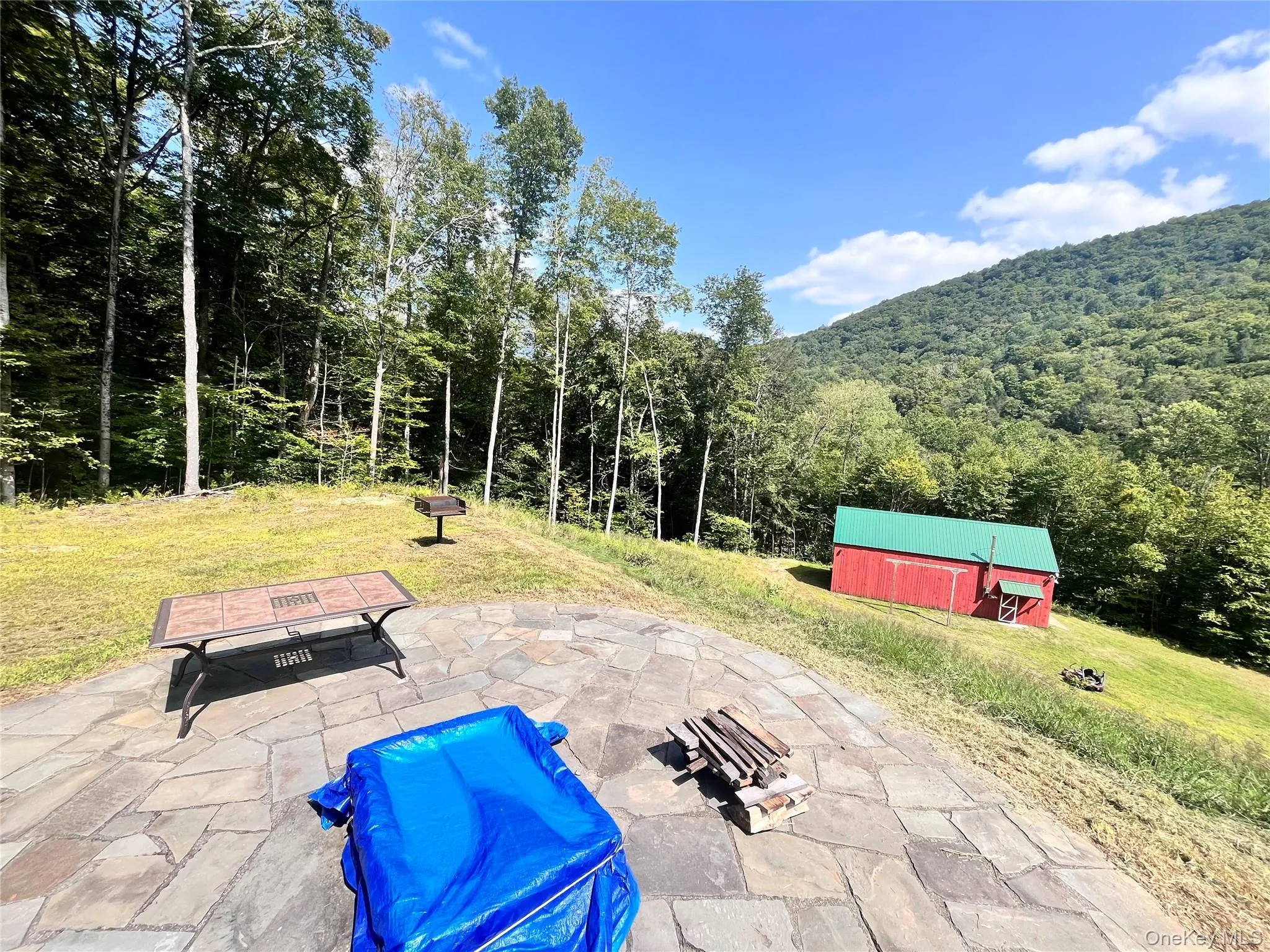 View of patio / terrace with a view of trees, an outbuilding, a mountain view, and a pole building View of patio / terrace with a view of trees, an outbuilding, a mountain view, and a pole building