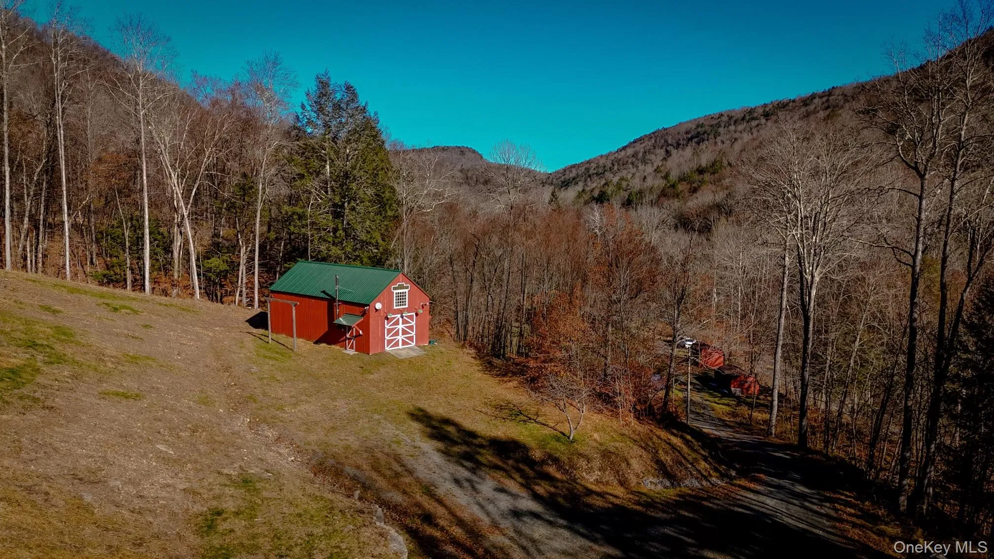 View of yard with an outdoor structure, a wooded view, a mountain view, and a barn View of yard with an outdoor structure, a wooded view, a mountain view, and a barn