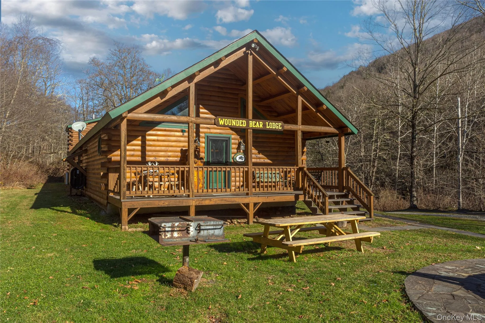 Rear view of property with a yard, log siding, and a porch Rear view of property with a yard, log siding, and a porch