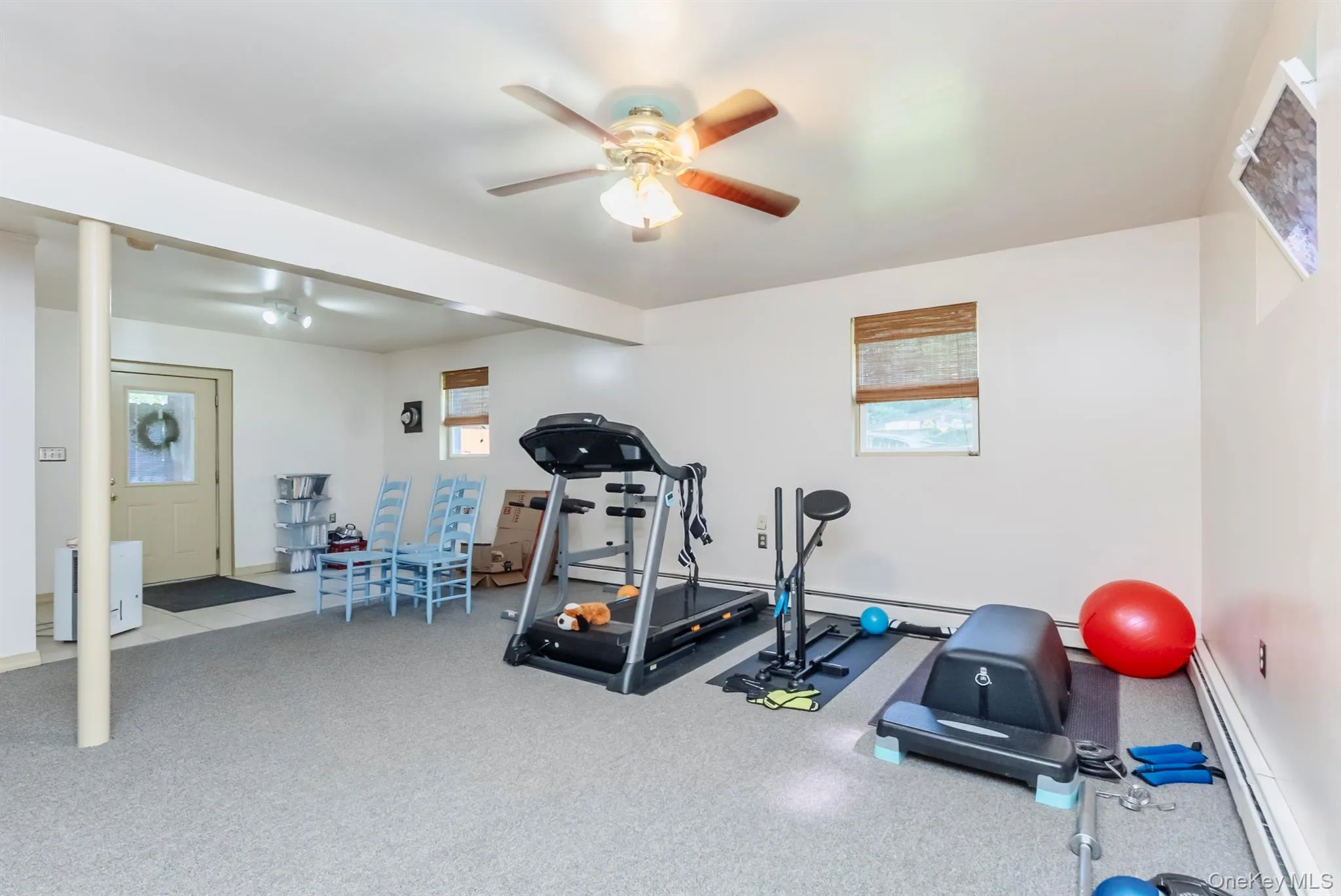 Exercise area with baseboard heating, healthy amount of natural light, and a ceiling fan Exercise area with baseboard heating, healthy amount of natural light, and a ceiling fan