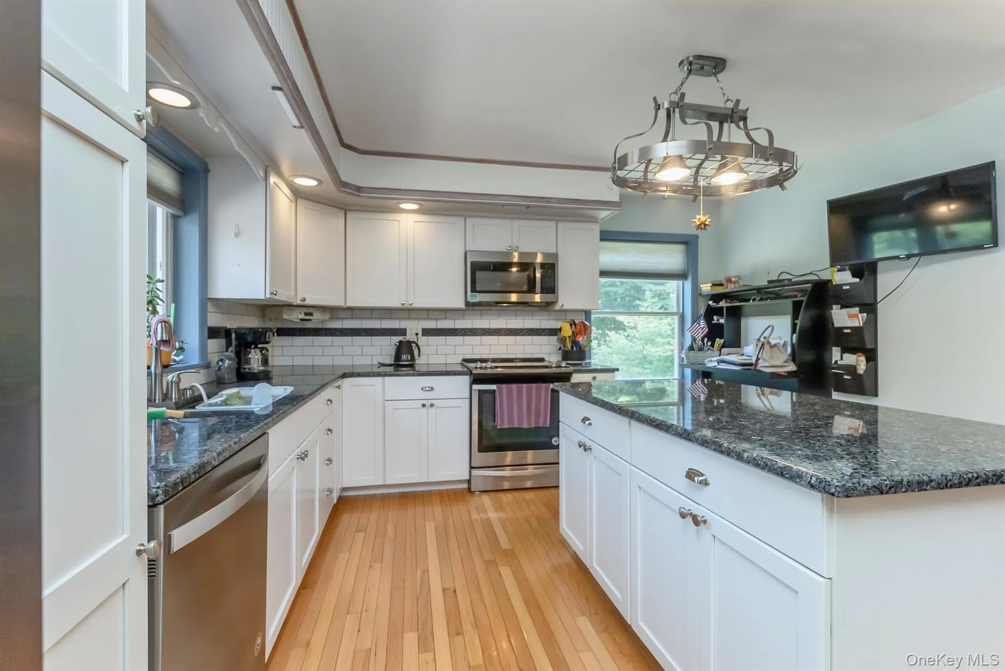 Kitchen featuring dark stone counters, stainless steel appliances, light wood finished floors, white cabinets, and recessed lighting Kitchen featuring dark stone counters, stainless steel appliances, light wood finished floors, white cabinets, and recessed lighting