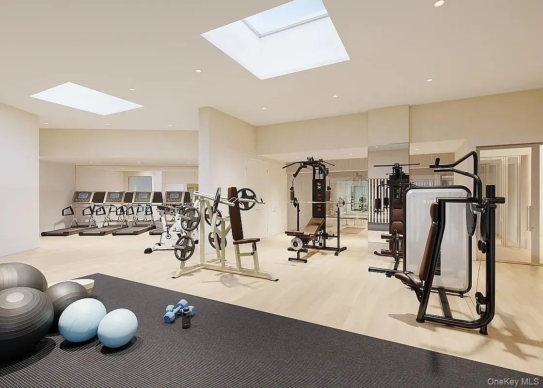 Exercise room with recessed lighting, a skylight, and light wood-style floors Exercise room with recessed lighting, a skylight, and light wood-style floors