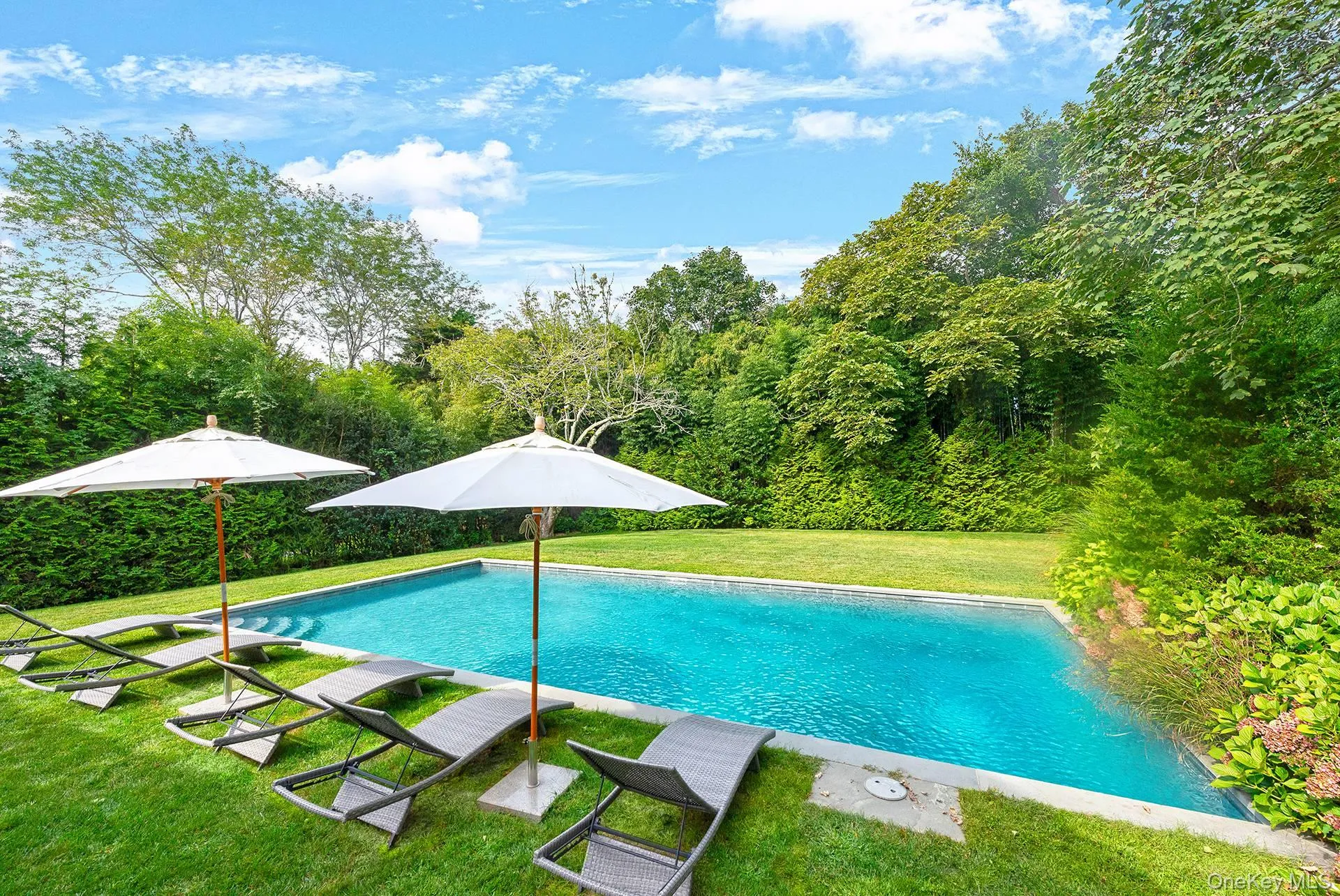 Outdoor pool with a yard and a patio area Outdoor pool with a yard and a patio area