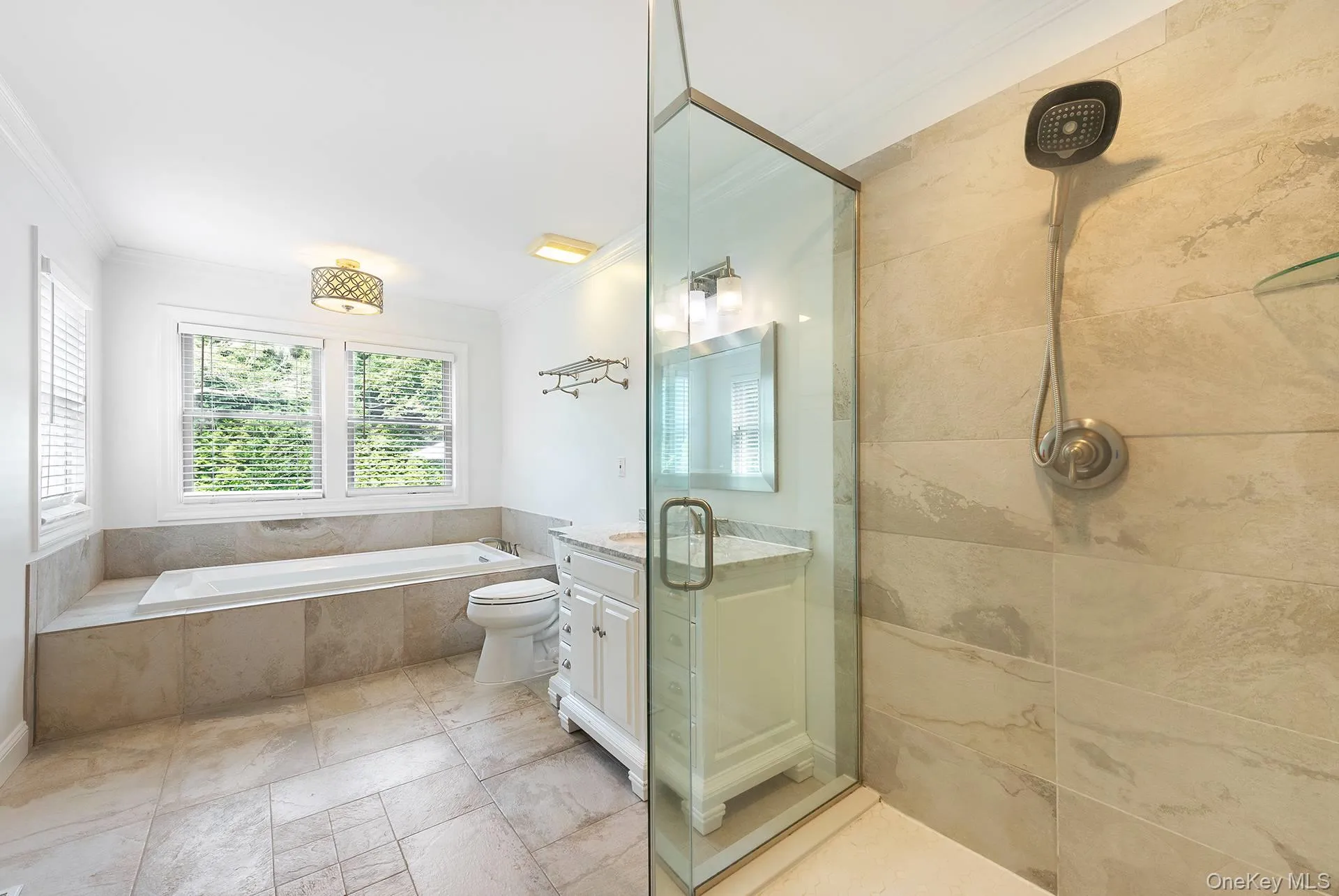 Full bathroom featuring vanity, a shower stall, a bath, and crown molding Full bathroom featuring vanity, a shower stall, a bath, and crown molding